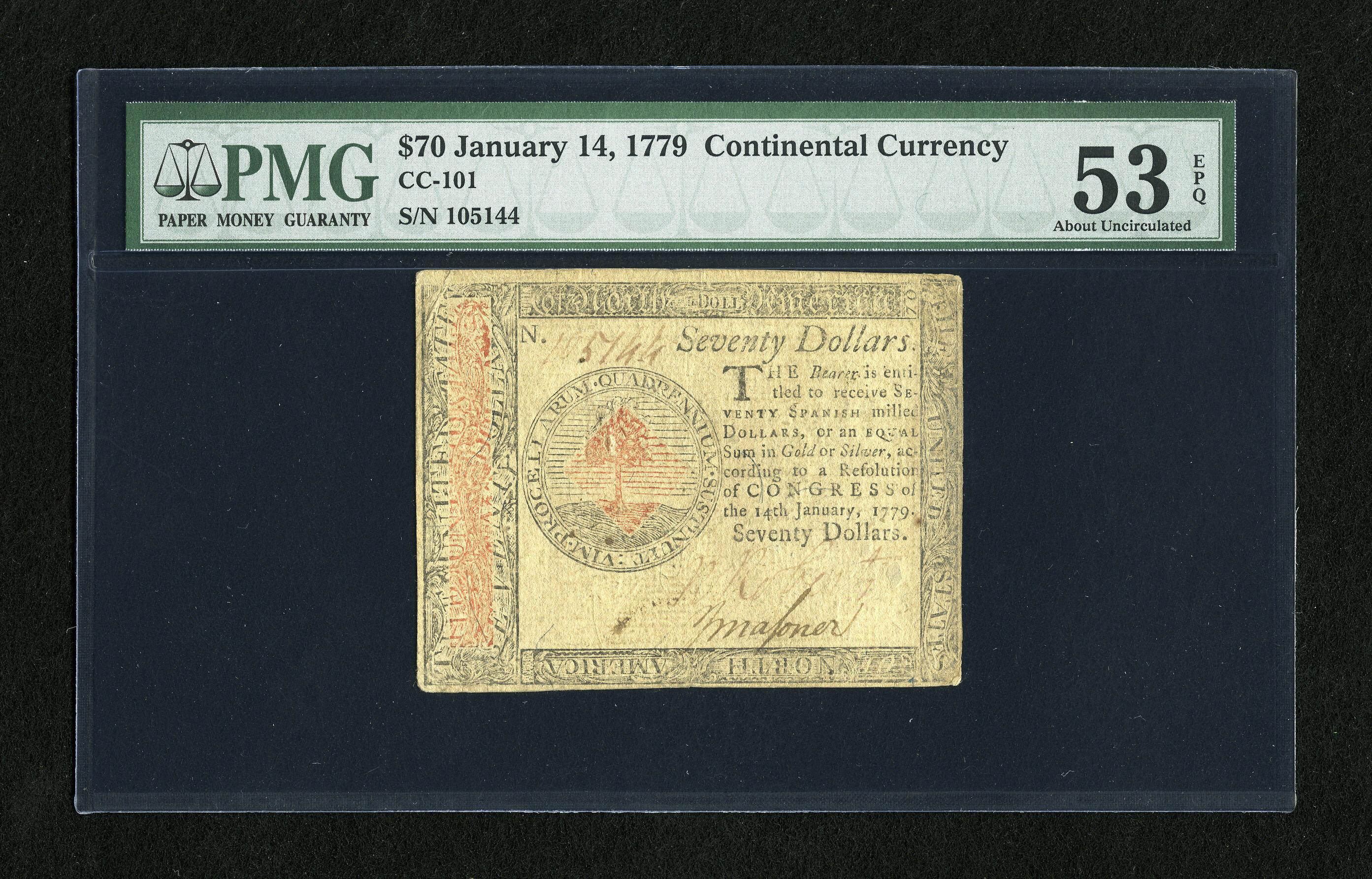 image for: Continental Currency January 14, 1779 $70 PMG About Uncirculated 53 EPQ. Only this final Continental Issue contained the $70...