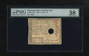 image for: Massachusetts May 5, 1780 $3 PMG Choice About Unc 58 HOC.
