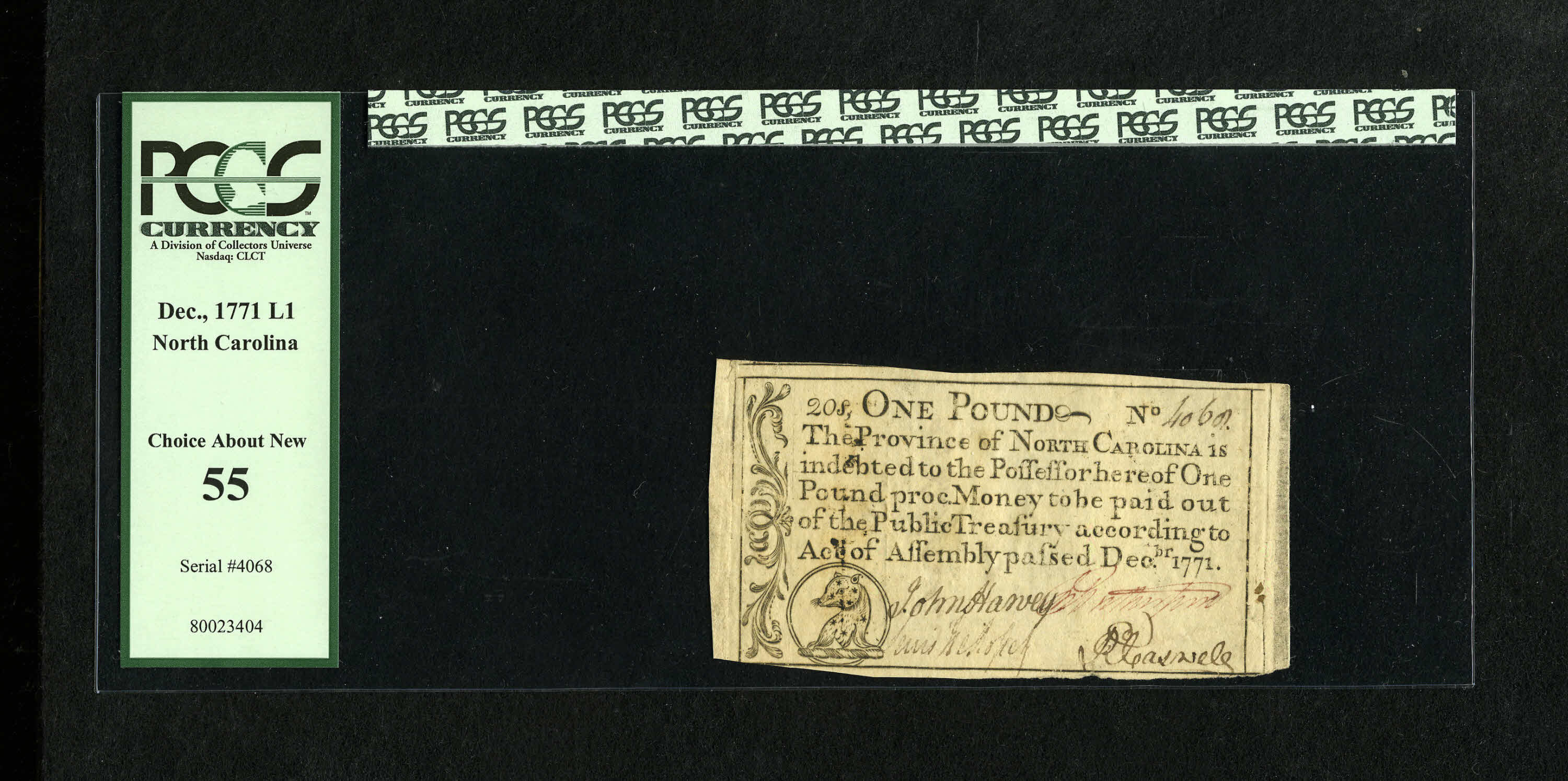 image for: North Carolina December, 1771 £1 PCGS Choice About New 55. Four nice signatures are found on the face of this well printed ...