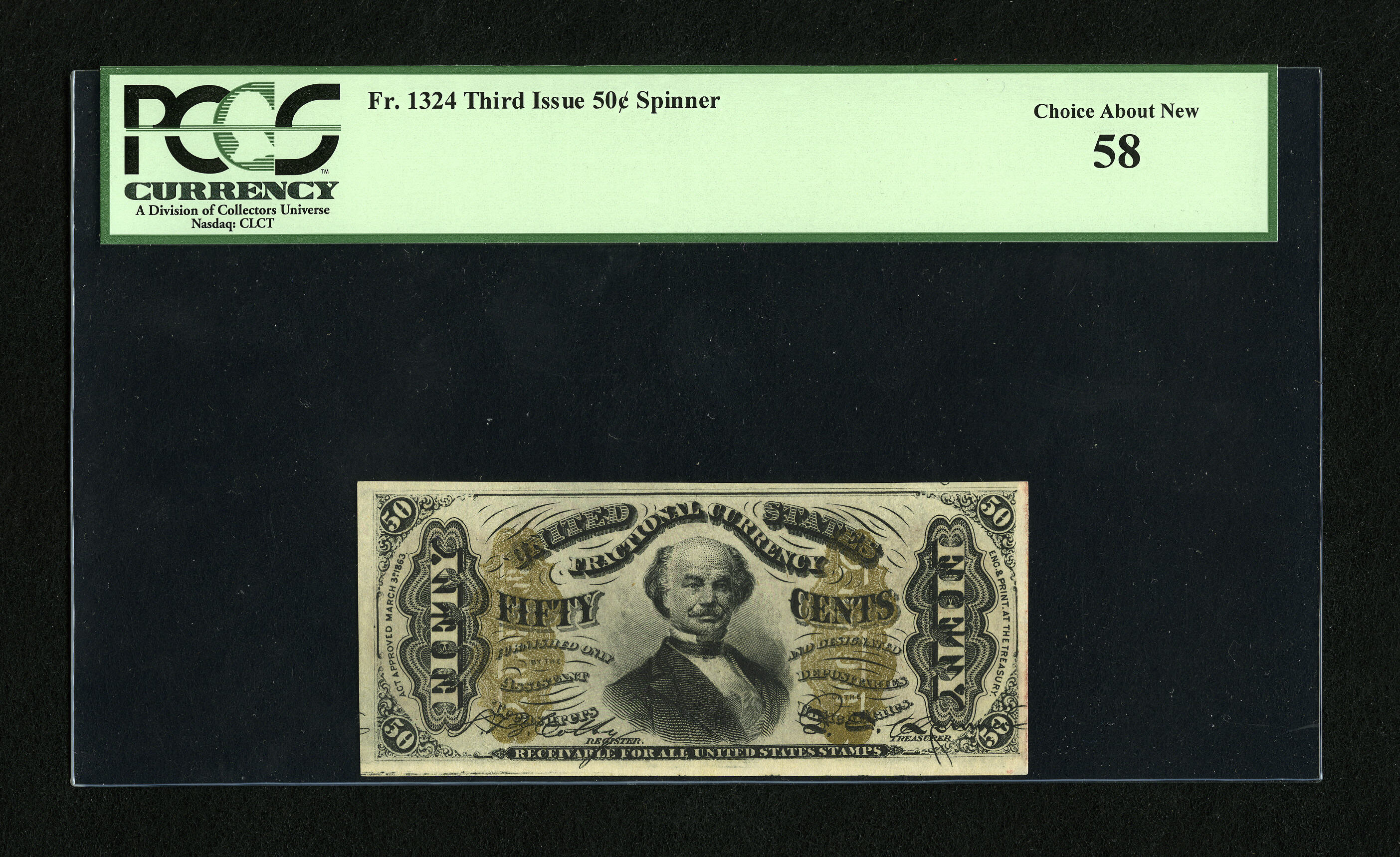 image for: Fr. 1324 50c Third Issue Spinner PCGS Choice About New 58. We can't see any handling through the third-party holder....