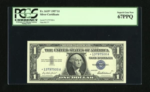 image for: Fr. 1619* $1 1957 Silver Star Certificate. PCGS Superb Gem New 67PPQ.Broad margins encircle this Star....