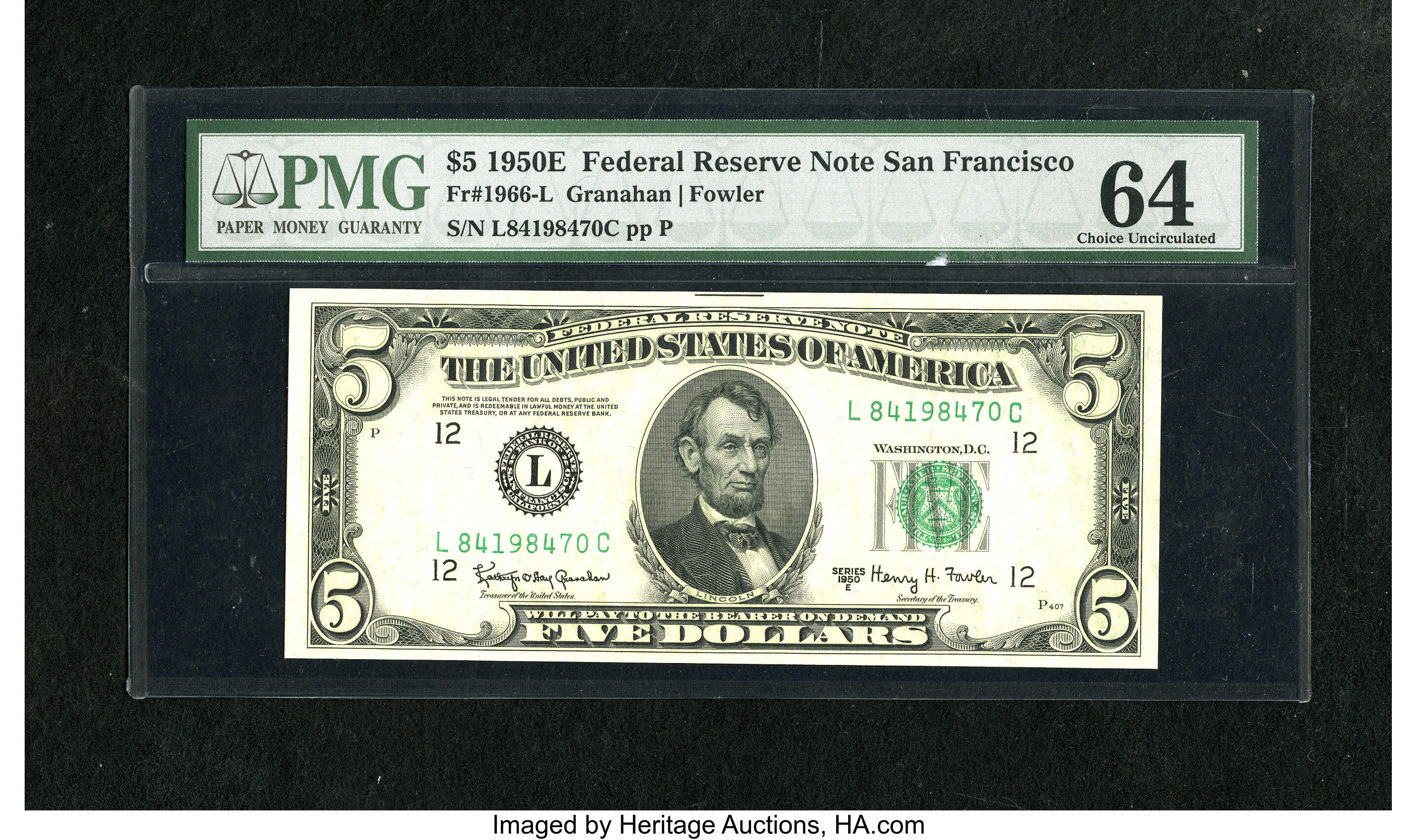 image for: Fr. 1966-L $5 1950E Federal Reserve Note. PMG Choice Uncirculated 64.Huge margins and bold embossing are seen on this scar...