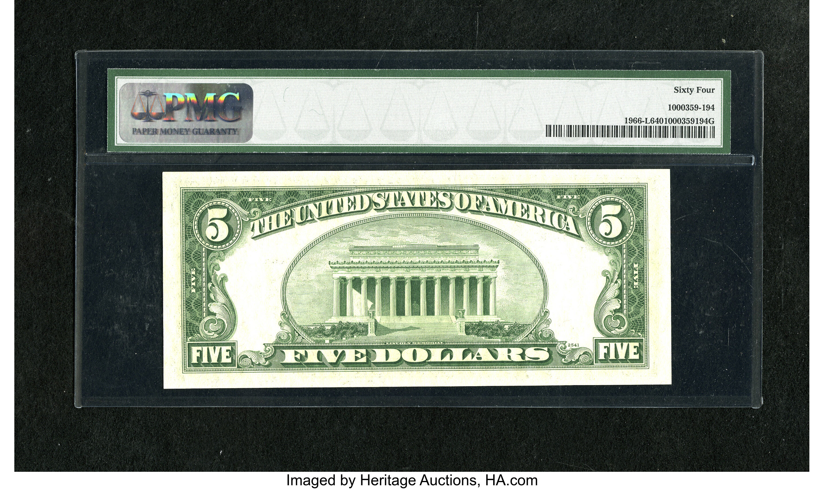 image for: Fr. 1966-L $5 1950E Federal Reserve Note. PMG Choice Uncirculated 64.Huge margins and bold embossing are seen on this scar...