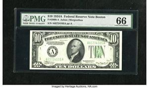 image for: Fr. 2006-A $10 1934A Federal Reserve Note. PMG Gem Uncirculated 66.An exceptional example of this early Boston FRN that ha...