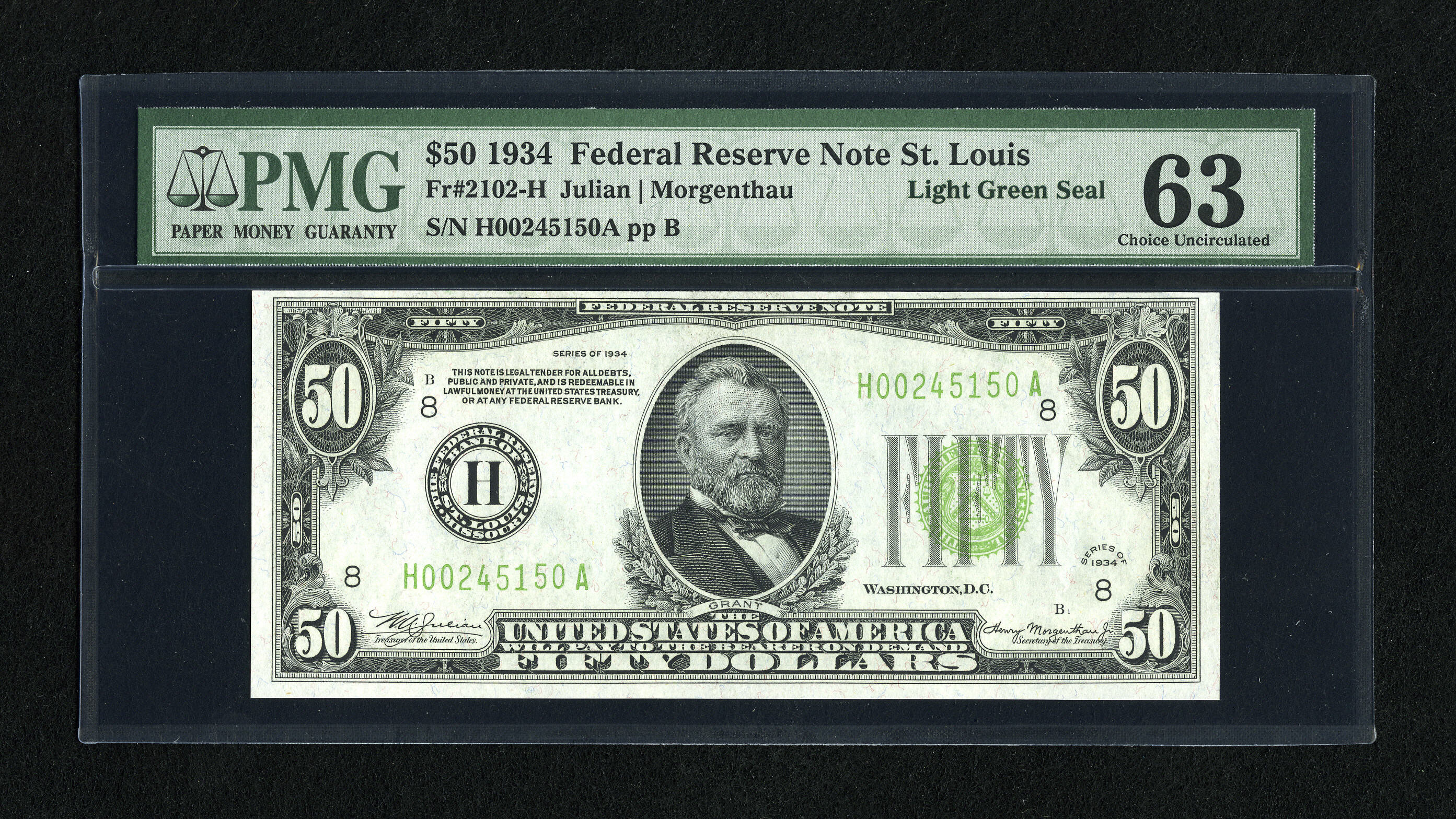 image for: Fr. 2102-H $50 1934 Light Green Seal Federal Reserve Note. PMG Choice Uncirculated 63.Three wide margins are found on this...