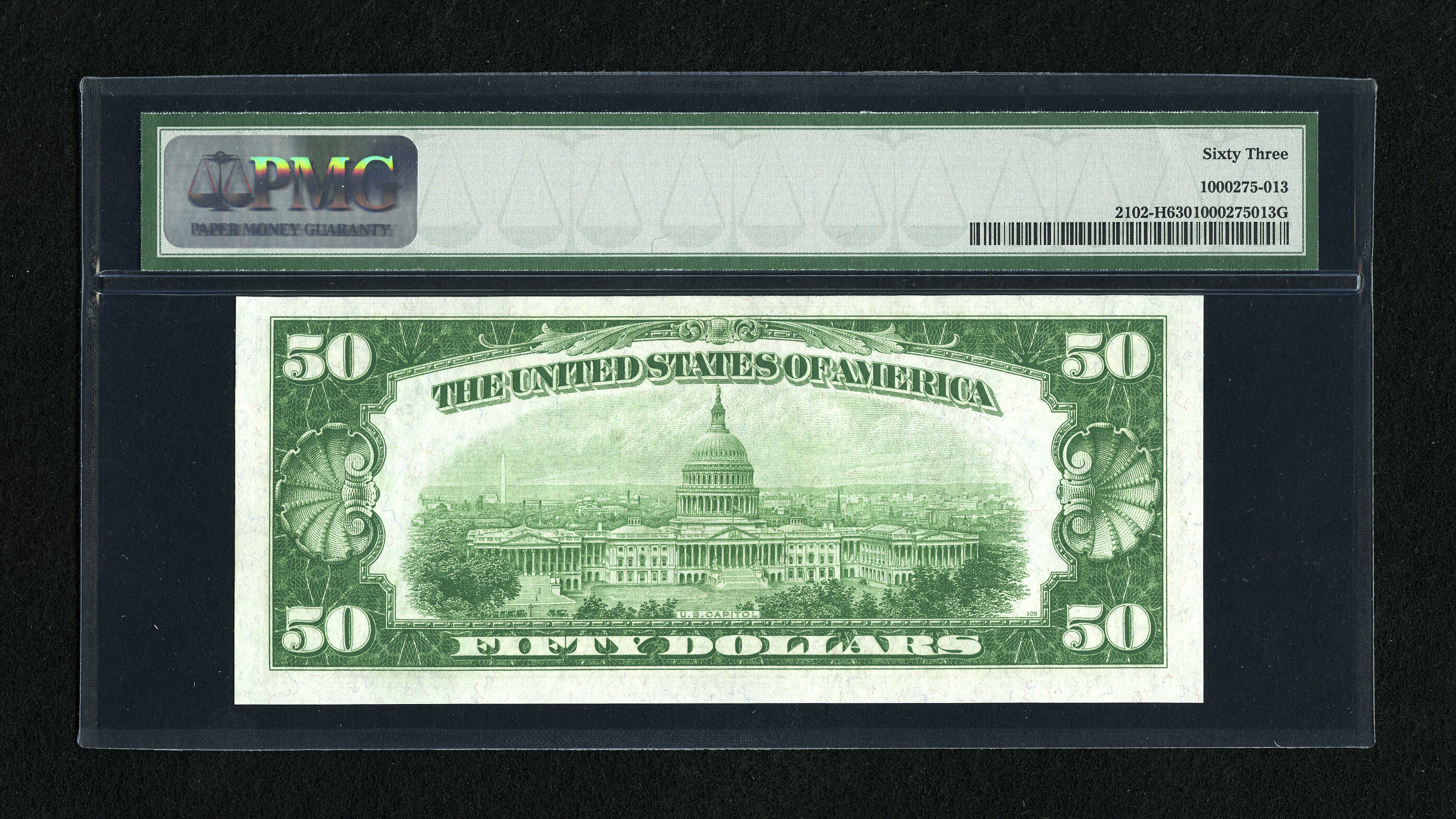 image for: Fr. 2102-H $50 1934 Light Green Seal Federal Reserve Note. PMG Choice Uncirculated 63.Three wide margins are found on this...