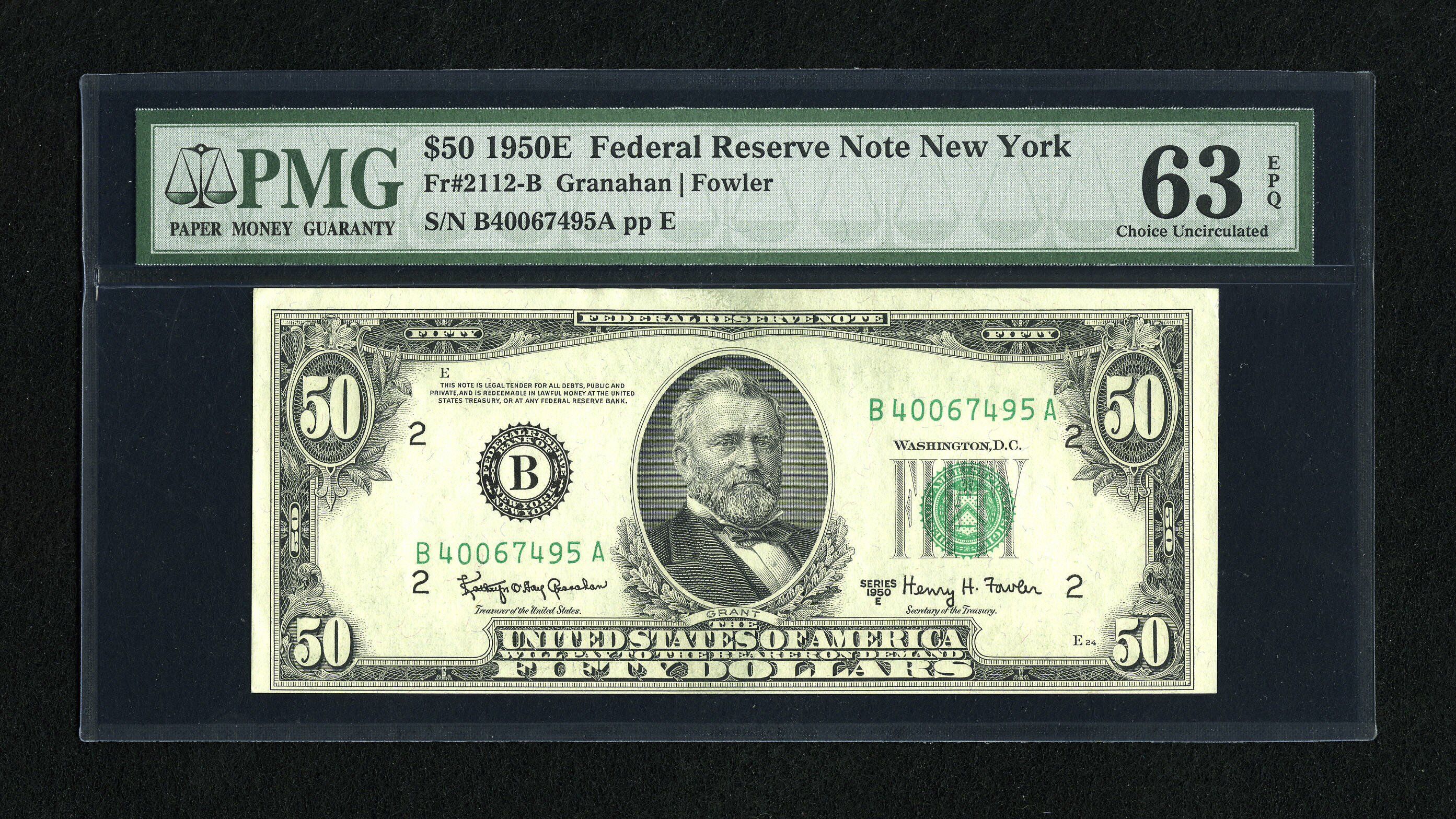 image for: Fr. 2112-B $50 1950E Federal Reserve Note. PMG Choice Uncirculated 63 EPQ.Bold embossing highlights this New York $50. Onl...