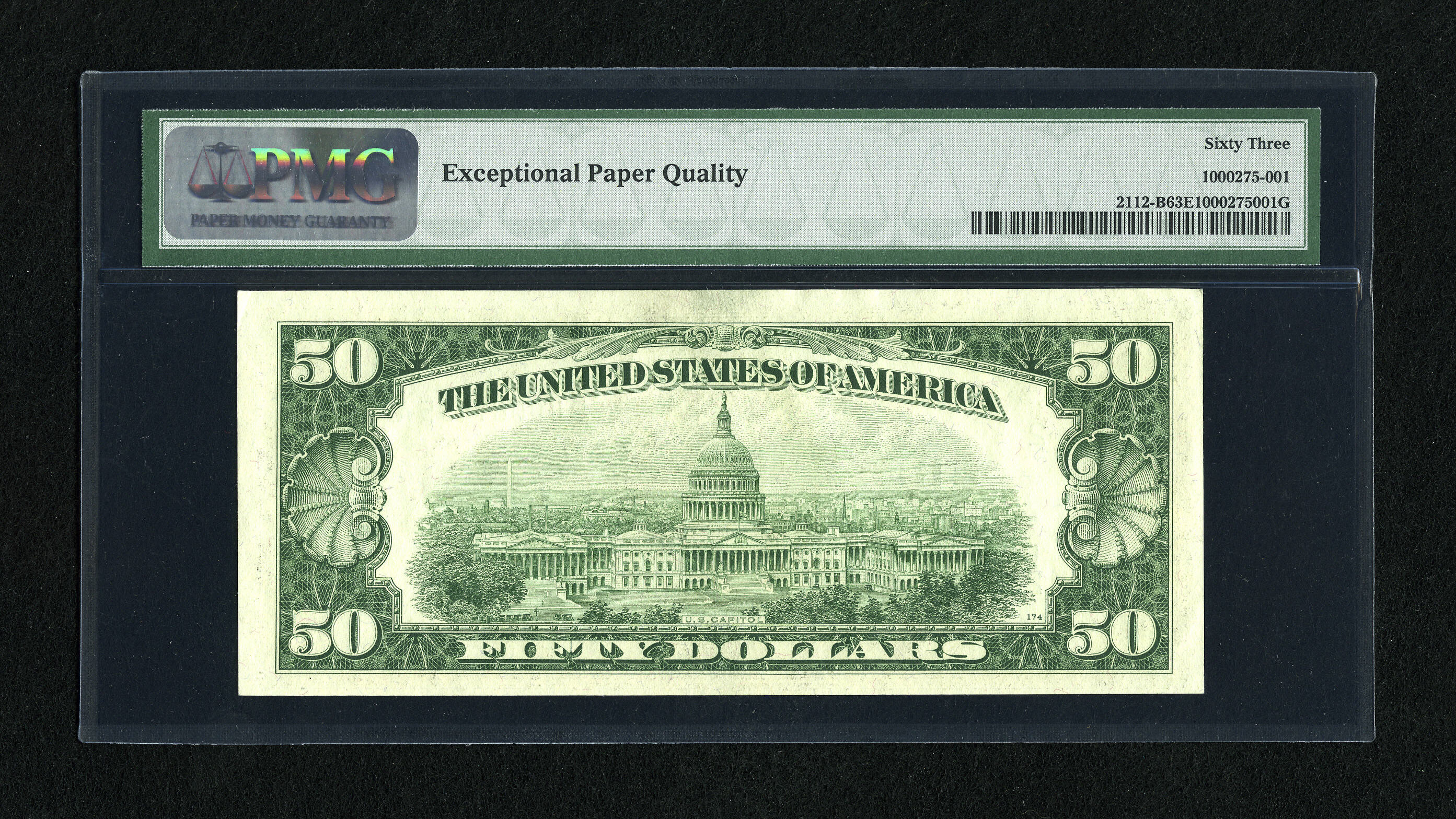 image for: Fr. 2112-B $50 1950E Federal Reserve Note. PMG Choice Uncirculated 63 EPQ.Bold embossing highlights this New York $50. Onl...