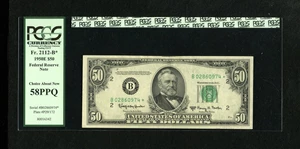 image for: Fr. 2112-B $50 1950E Federal Reserve Star Note. PCGS Choice About New 58PPQ.A light center fold graces this Star. Only the...