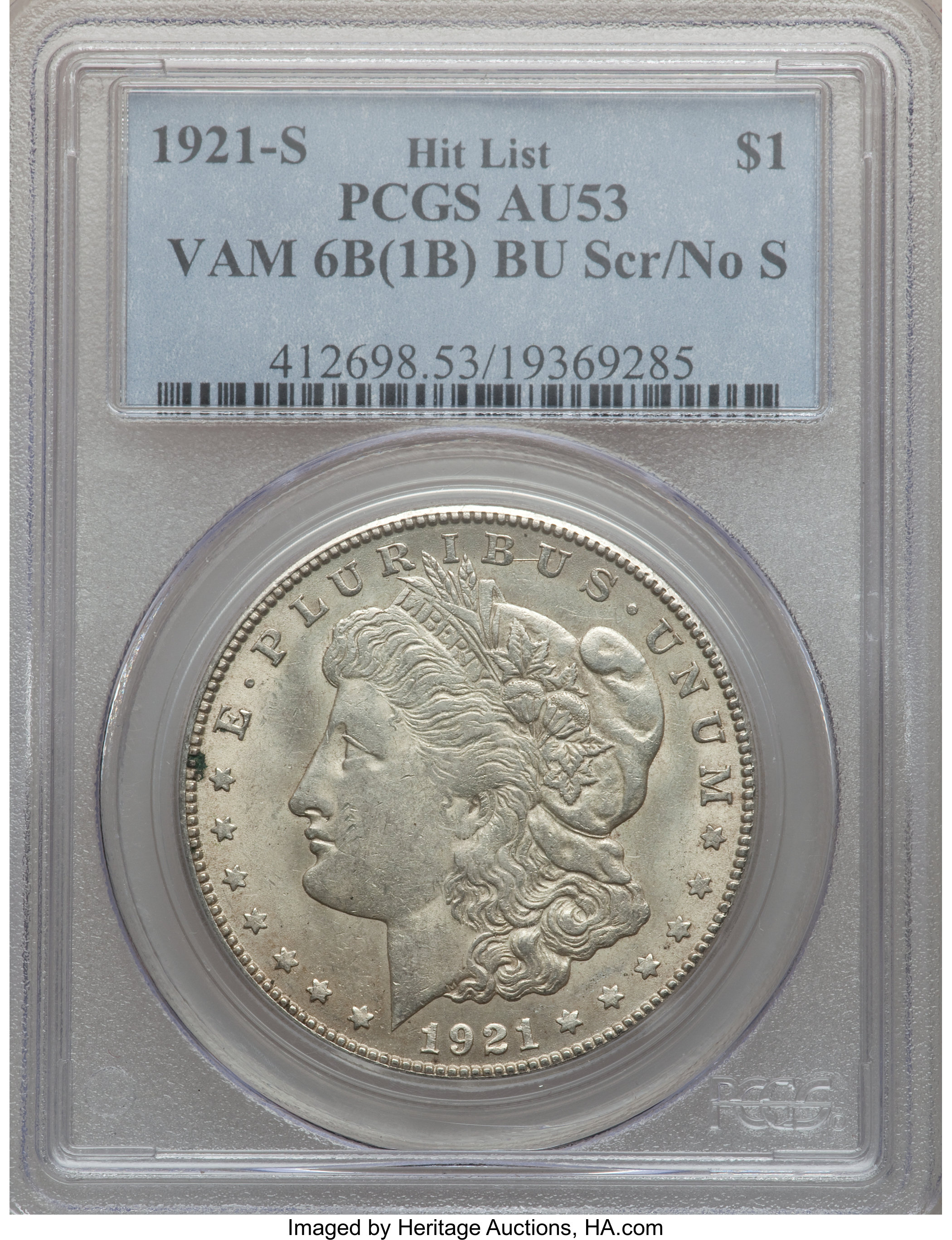 image for: 1921-S $1 Vam-6B(1B), No S, Scratch at BU AU53 PCGS. Hitlist. PCGS Population (0/0). NGC Census: (0/0).From The Parcfel...