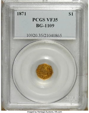 image for: 1871 $1 Liberty Octagonal 1 Dollar, BG-1109, Low R.4, VF35 PCGS. PCGS Population (3/87). NGC Census: (0/3). (#10920)...