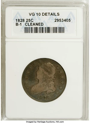 image for: 1828 25C 25/50C--Cleaned--ANACS. VG10 Details. B-1. NGC Census: (2/12). PCGS Population (2/14). Numismedia Wsl. Price: $33...
