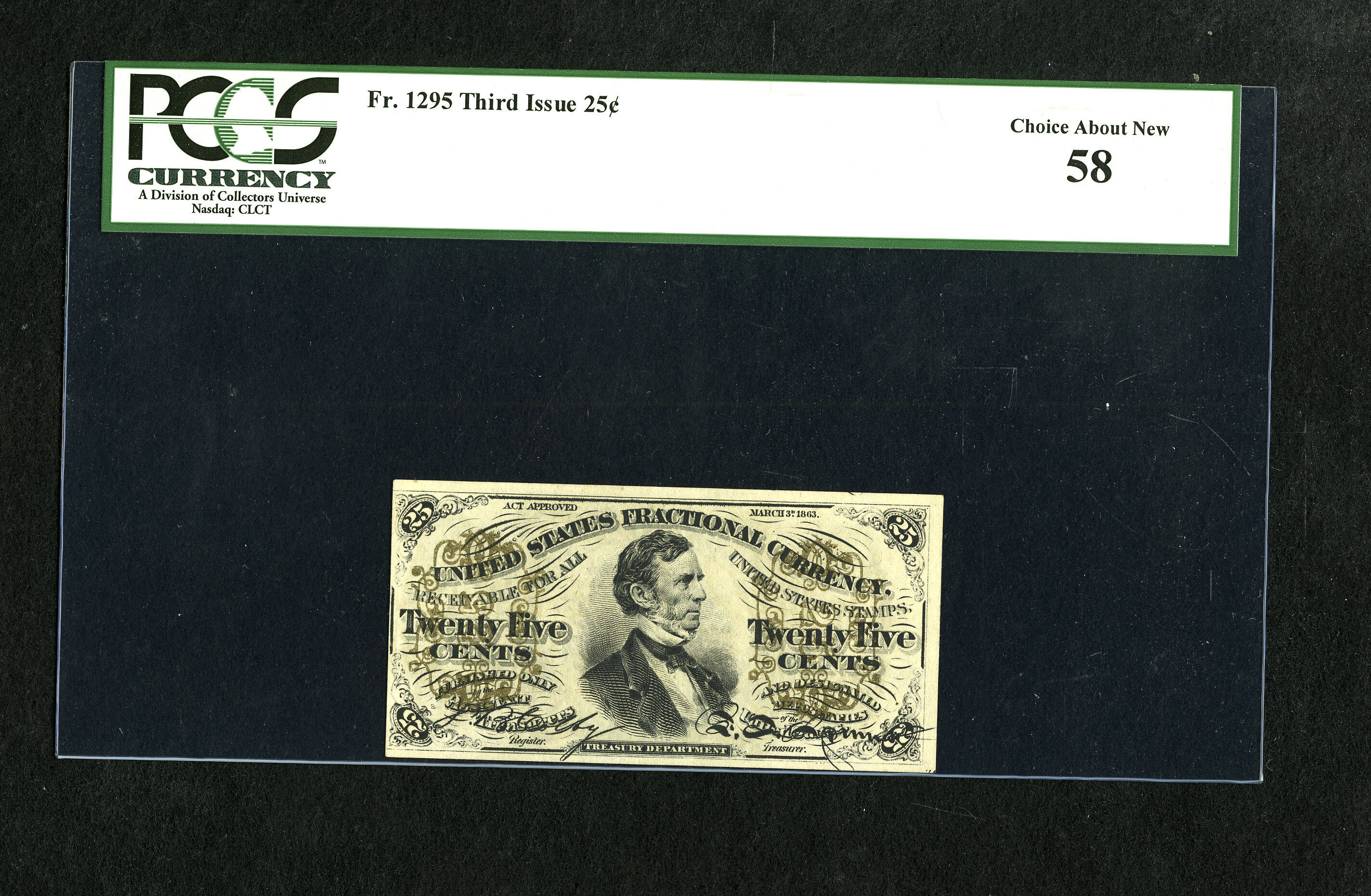 image for: Fr. 1295 25c Third Issue PCGS Choice About New 58. The left side is cut into the design on this 'a" variety Fessenden....