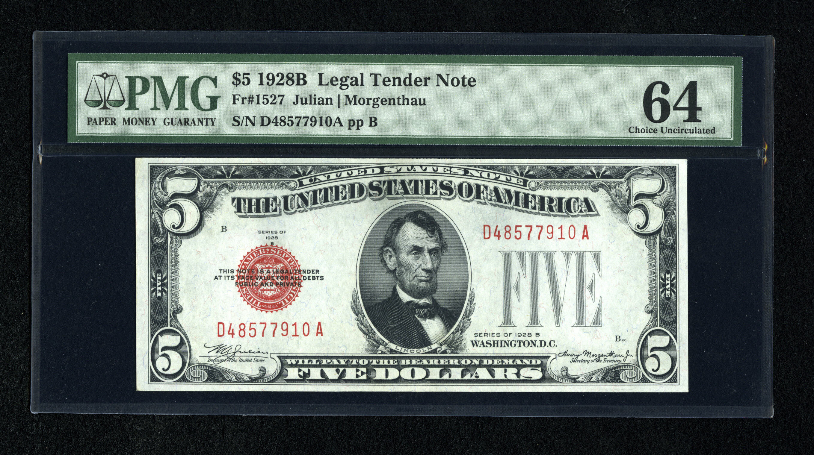 image for: Fr. 1527 $5 1928B Legal Tender Note. PMG Choice Uncirculated 64.The overprint is still bold and the paper bright white....