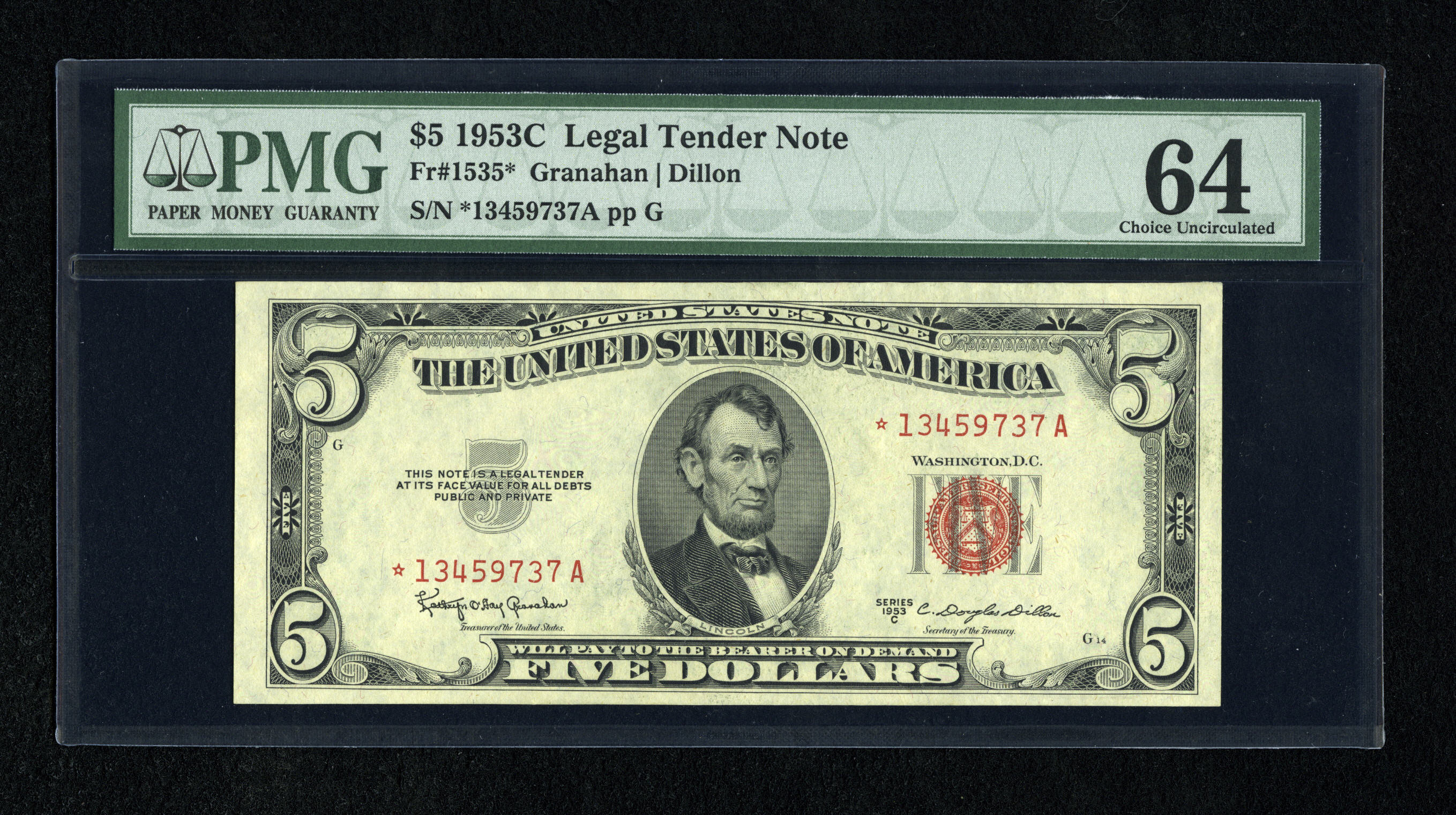 image for: Fr. 1535* $5 1953C Legal Tender Note. PMG Choice Uncirculated 64.The margins on this issue are solid....