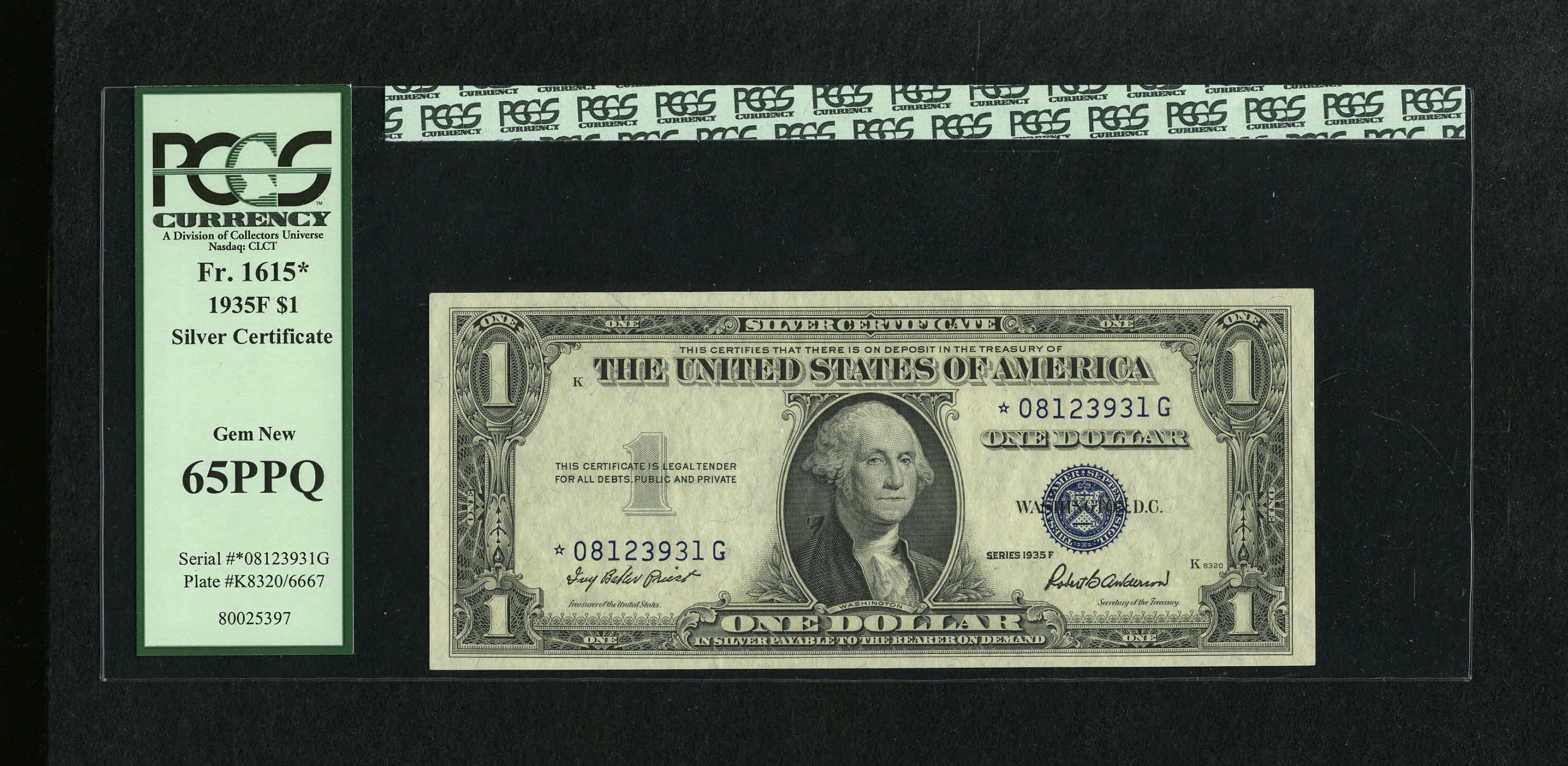 image for: Fr. 1615* $1 1935F Silver Certificate. PCGS Gem New 65PPQ.This is a very attractive and fully margined issue....