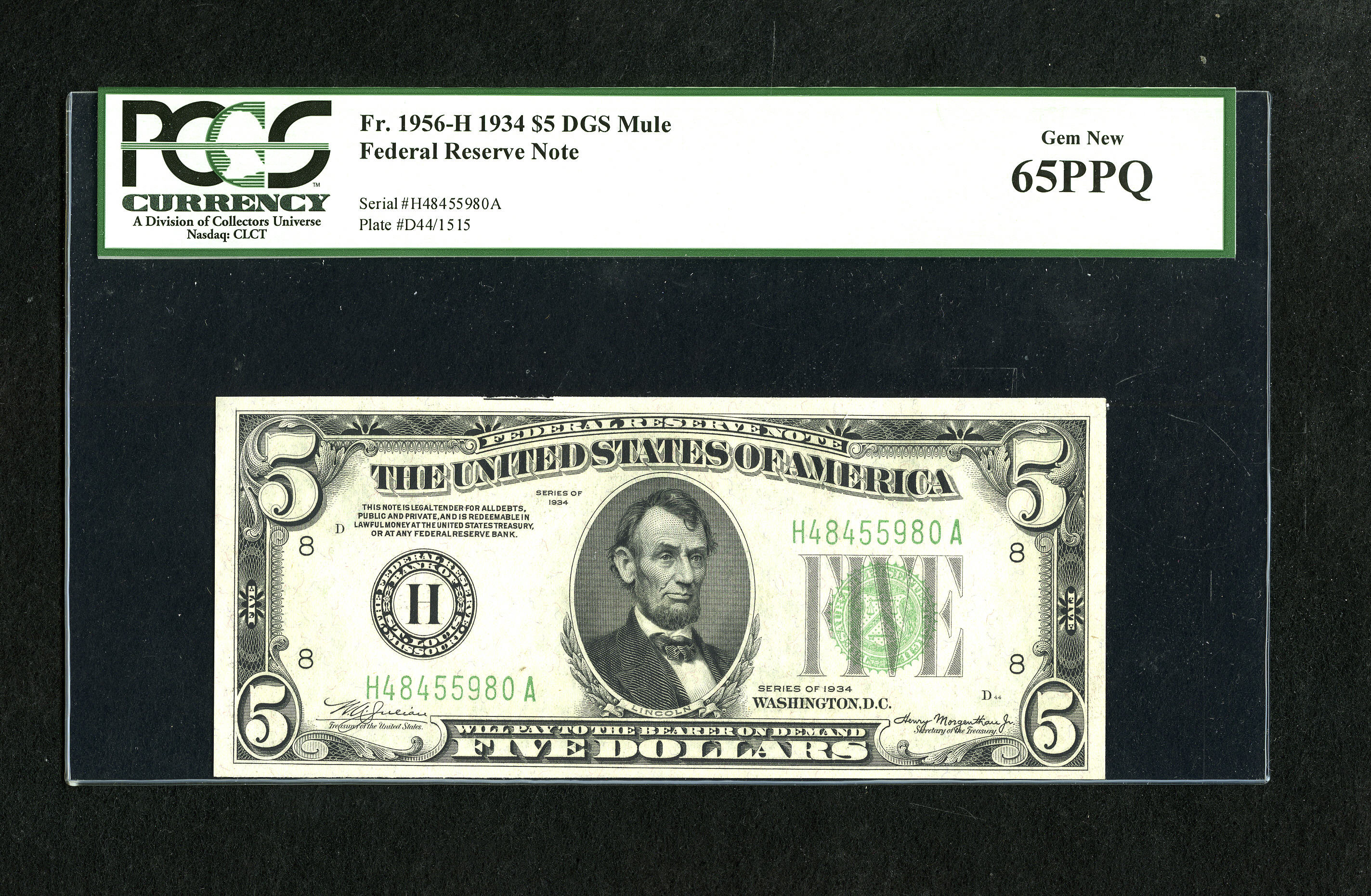 image for: Fr. 1956-H $5 1934 Mule Federal Reserve Note. PCGS Gem New 65PPQ.This note is bright and nicely margined....