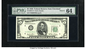 image for: Fr. 1961-D $5 1950 Wide II Federal Reserve Note. PMG Choice Uncirculated 64.A boldly embossed and flawless example of this...