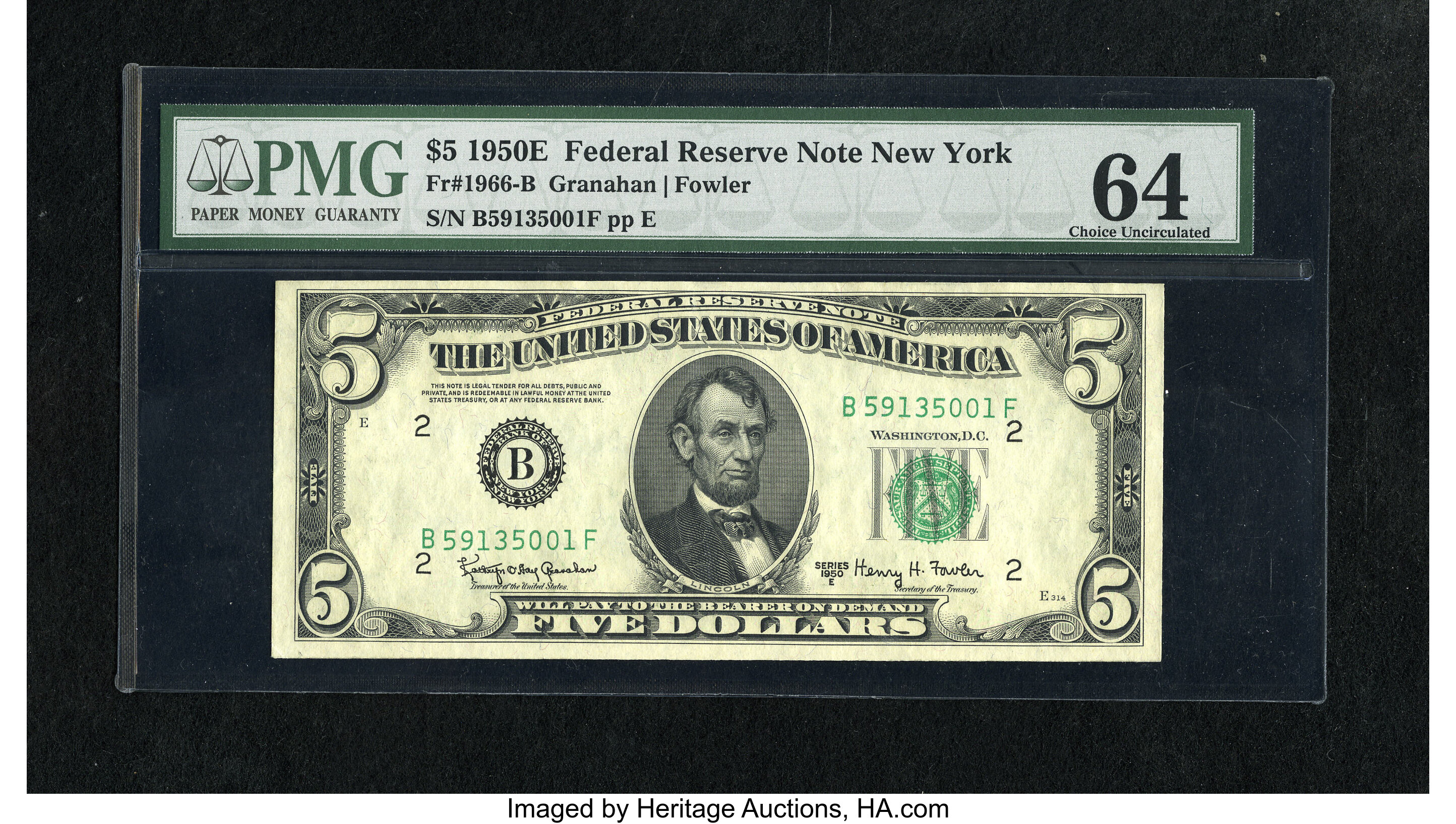 image for: Fr. 1966-B $5 1950E Federal Reserve Note. PMG Choice Uncirculated 64.A near gem example of this short printed series....