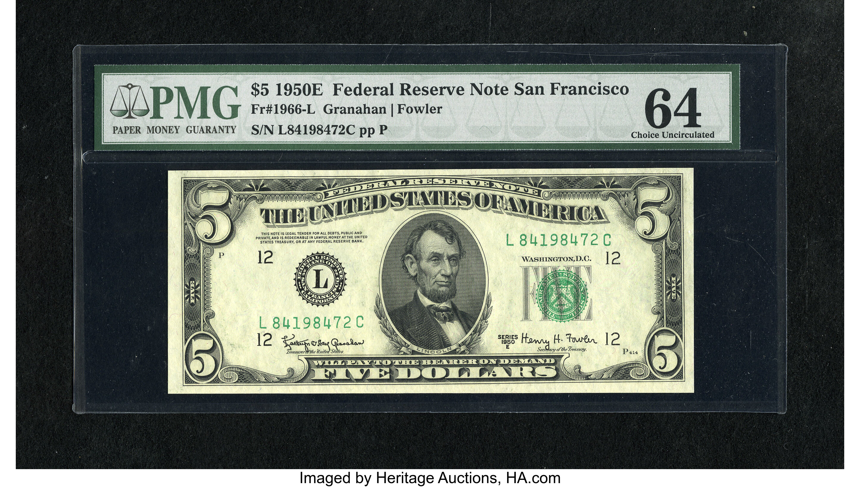 image for: Fr. 1966-L $5 1950E Federal Reserve Note. PMG Choice Uncirculated 64.This is a lovely example of this scarcer district tha...
