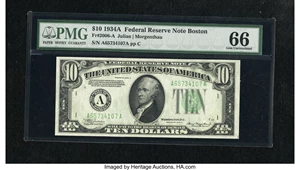 image for: Fr. 2006-A $10 1934A Federal Reserve Note. PMG Gem Uncirculated 66.A screaming gem example of this early Boston FRN that h...