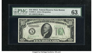 image for: Fr. 2006-A $10 1934A Federal Reserve Note. PMG Choice Uncirculated 63.Bold embossing is clearly seen through the PMG holde...