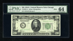 image for: Fr. 2055-G $20 1934A Mule Federal Reserve Note. PMG Choice Uncirculated 64.The margins are perfectly ample....