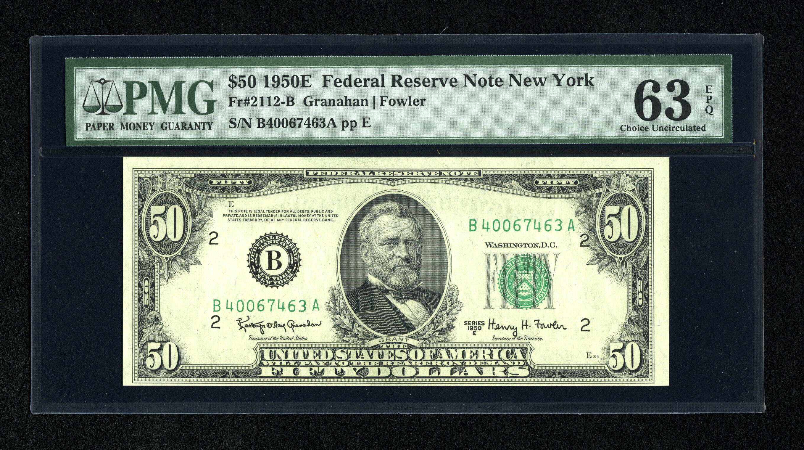 image for: Fr. 2112-B $50 1950E Federal Reserve Note. PMG Choice Uncirculated 63 EPQ.This embossed note has one slender margin. Only ...