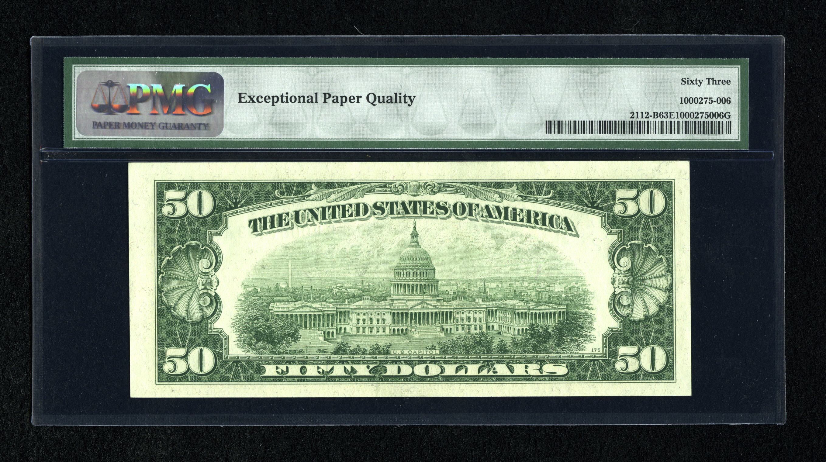 image for: Fr. 2112-B $50 1950E Federal Reserve Note. PMG Choice Uncirculated 63 EPQ.This embossed note has one slender margin. Only ...