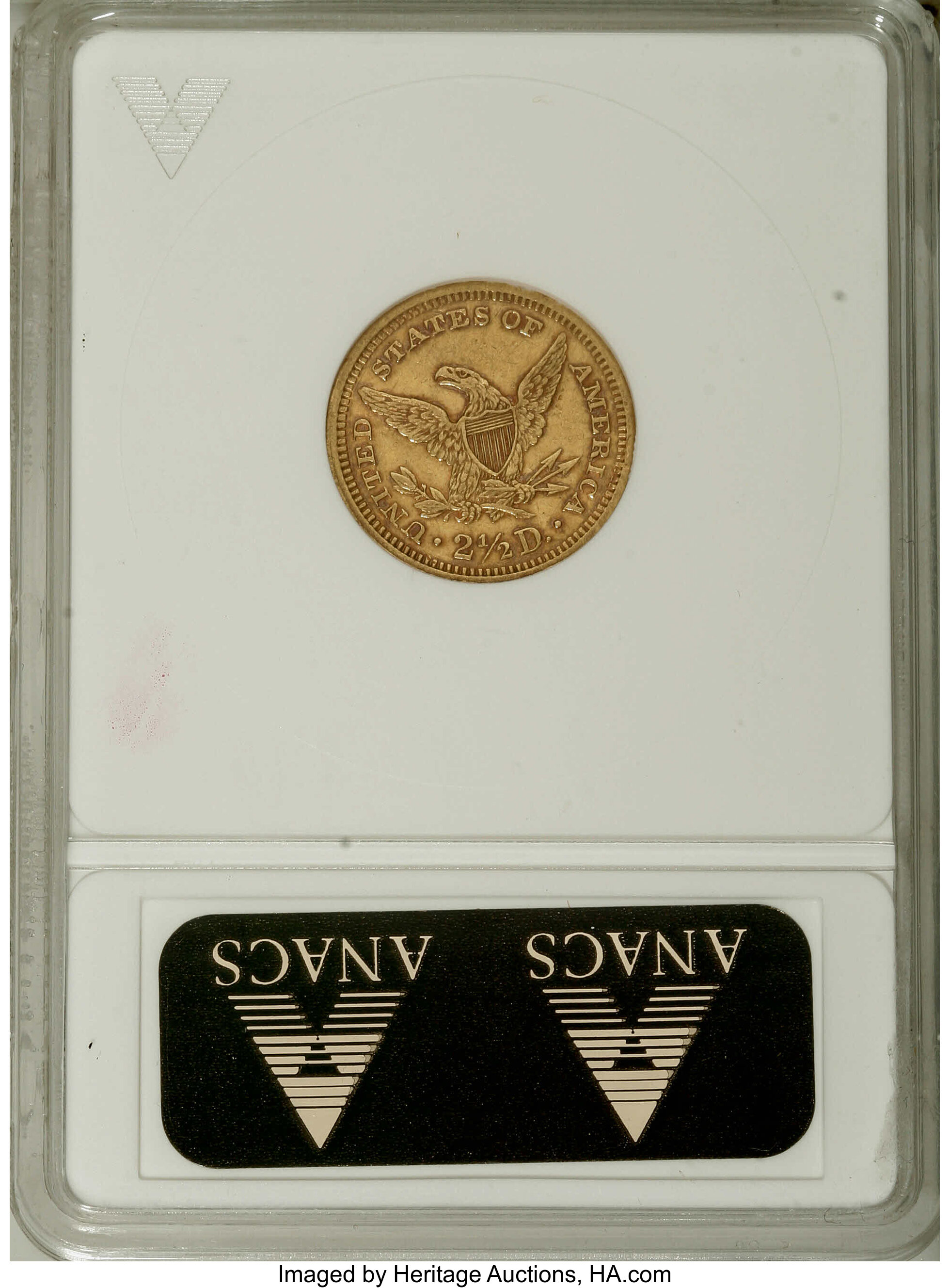 image for: 1859 $2 1/2 New Reverse, Type Two AU55 ANACS. NGC Census: (11/74). PCGS Population (8/33). Mintage: 39,364. Numismedia Wsl....