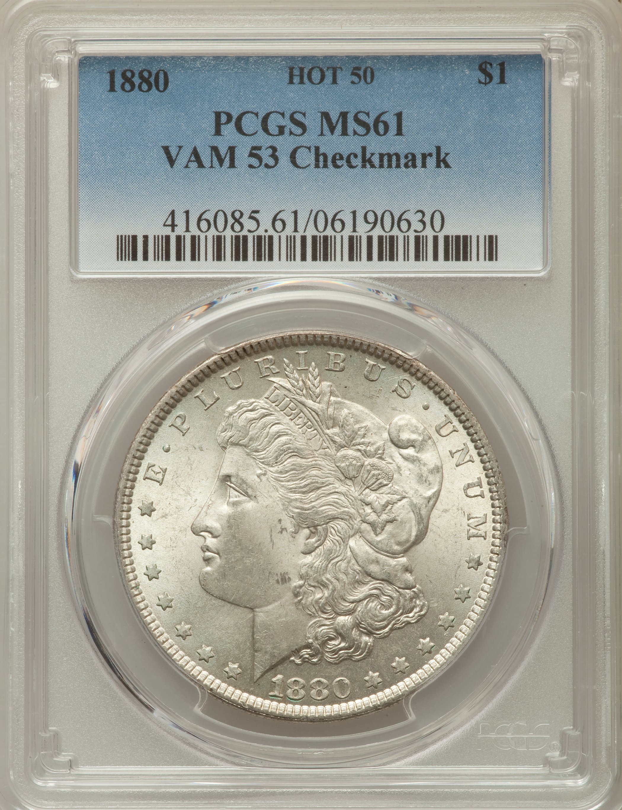image for: 1880 $1 Checkmark, VAM-53, A Hot 50 Variety, MS61 PCGS. PCGS Population: (3/10). NGC Census: (0/0)....