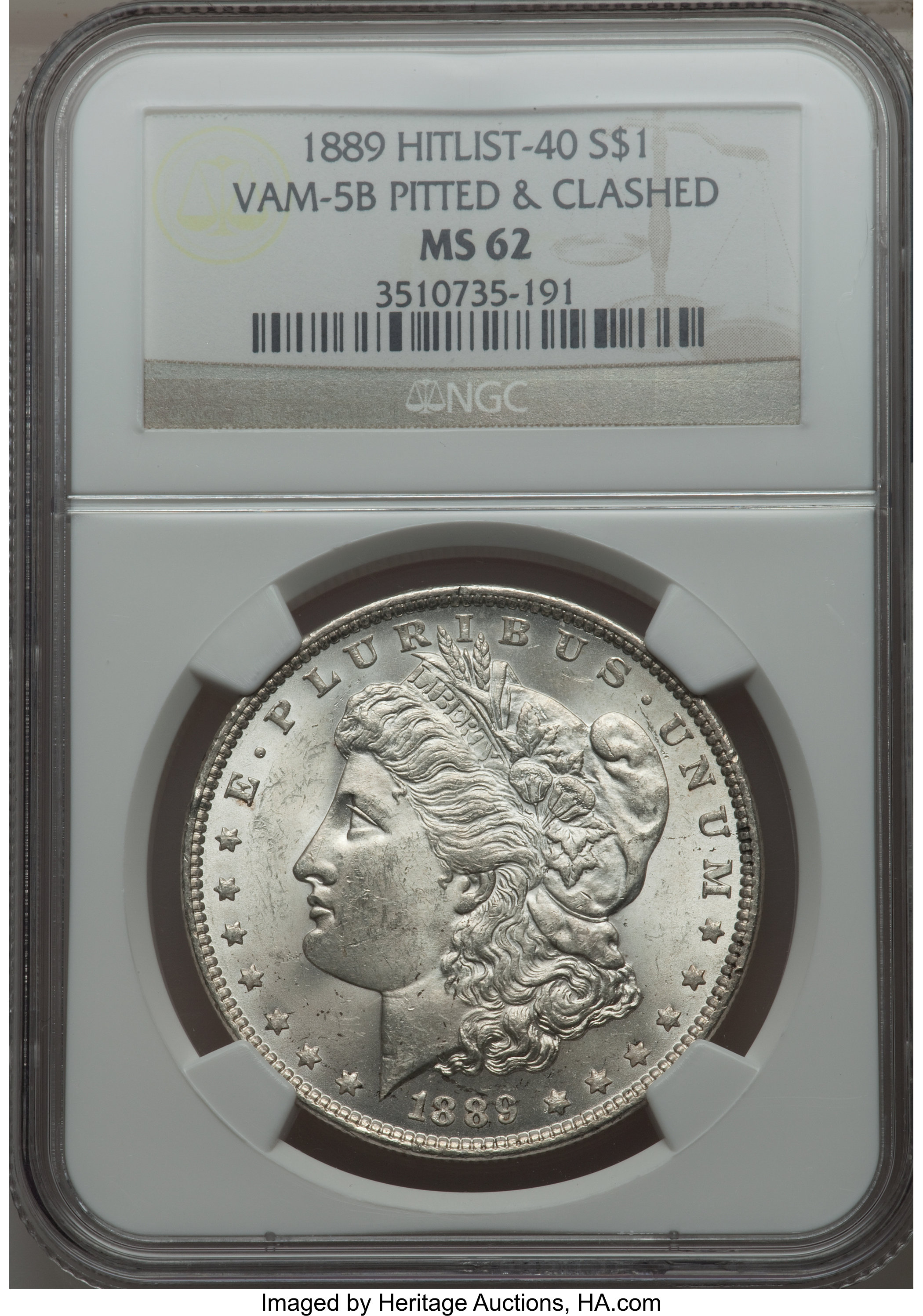 image for: 1889 $1 Pitted Reverse & Clashed, VAM-5B, MS62 NGC.  Hitlist-40. NGC Census: (0/0). PCGS Population (4/11)....