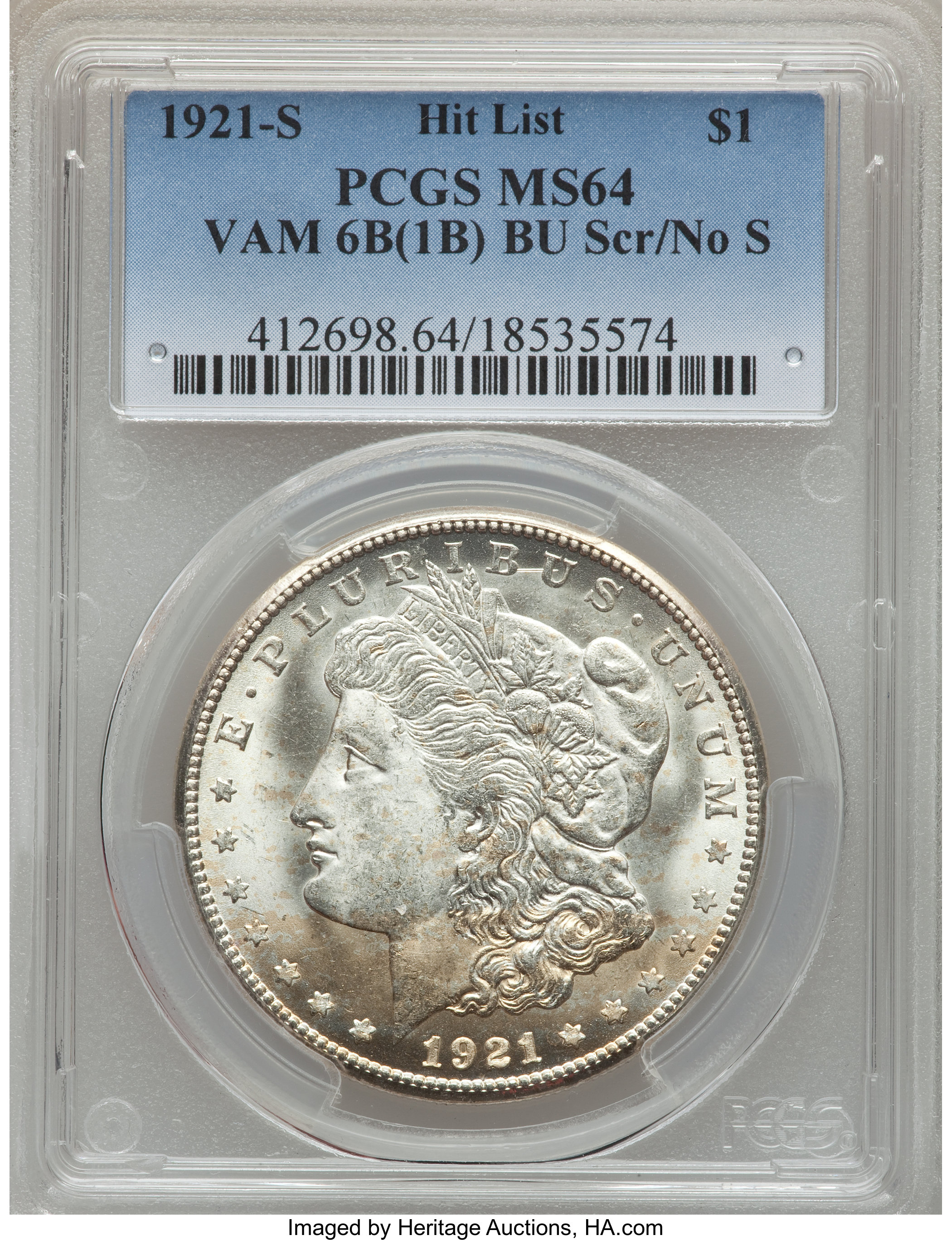 image for: 1921-S $1 No S, Scratch at BU, VAM-6B (1B), MS64 PCGS.  Hit List. PCGS Population (3/0). NGC Census: (0/0).  ...