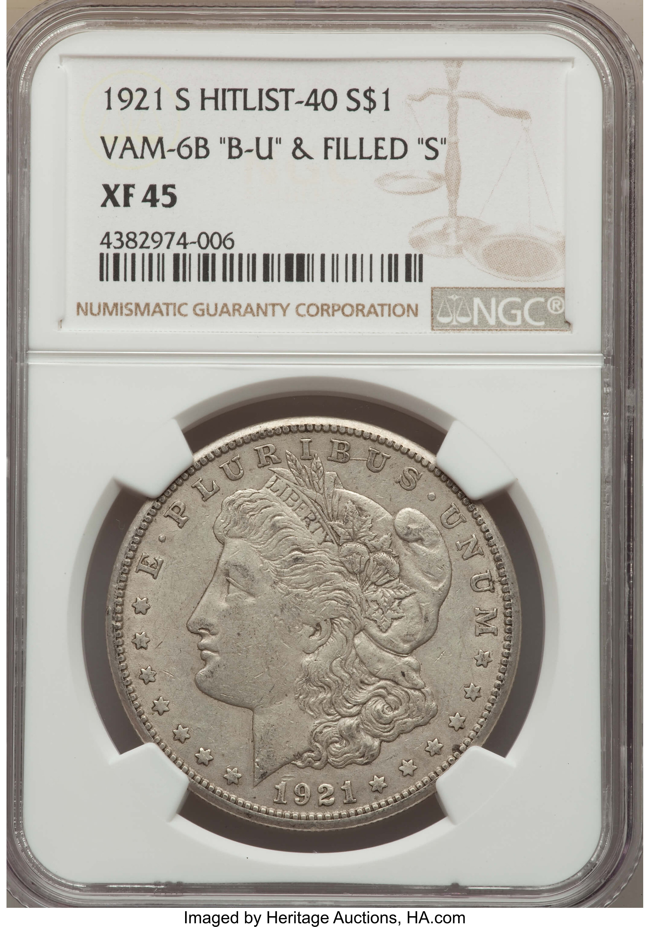 image for: 1921-S $1 "B-U" Die Gouge, No S, VAM-6B(1B), XF45 NGC. Hitlist-40. NGC Census: (0/0). PCGS Population (3/18)....