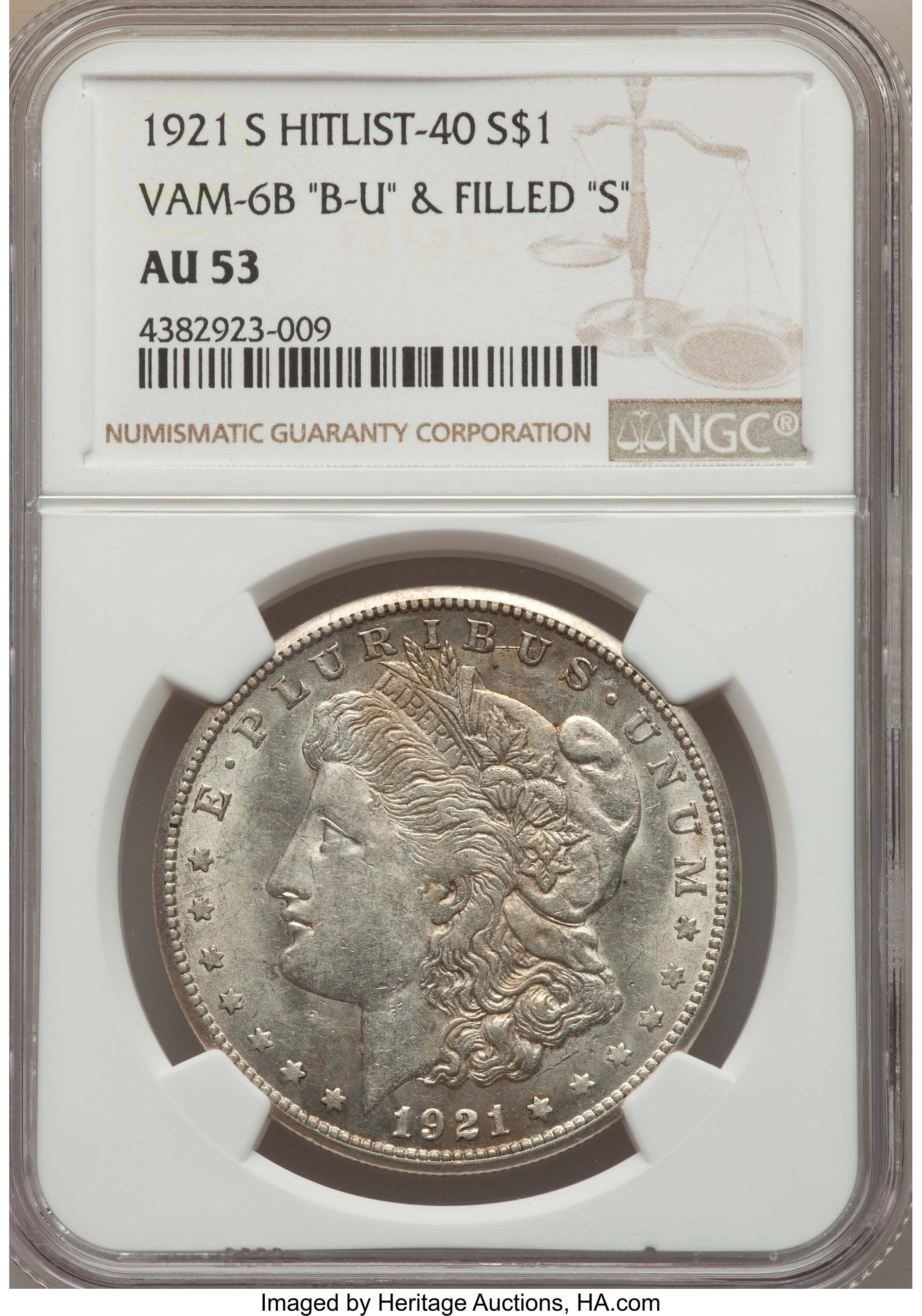 image for: 1921-S $1 "B-U" Die Gouge, No S, VAM-6B(1B), AU53 NGC. Hitlist-40. NGC Census: (0/0). PCGS Population (1/15)....