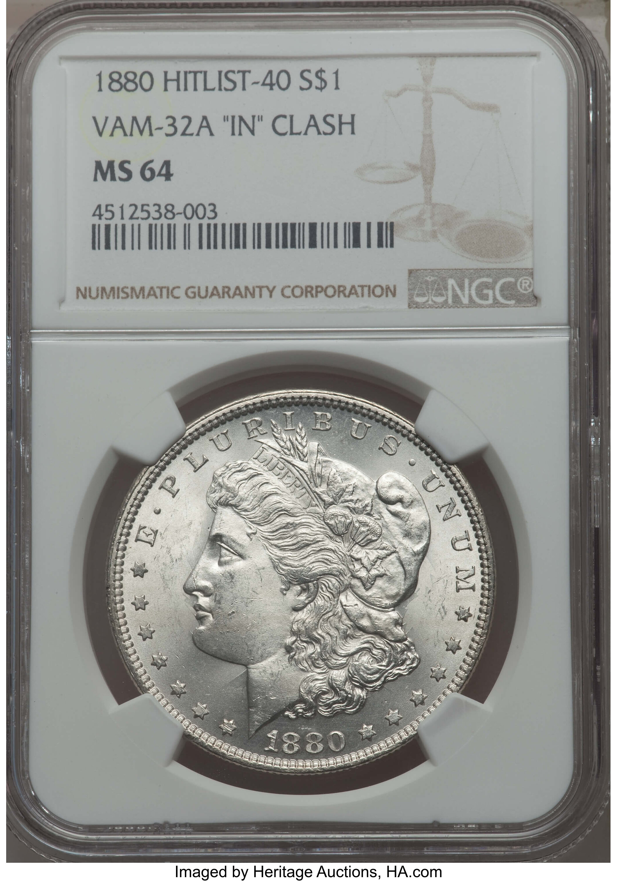 image for: 1880 $1 Clashed "IN," VAM-32A MS64 NGC. Hitlist-40. NGC Census: (0/0). PCGS Population: (19/3)....