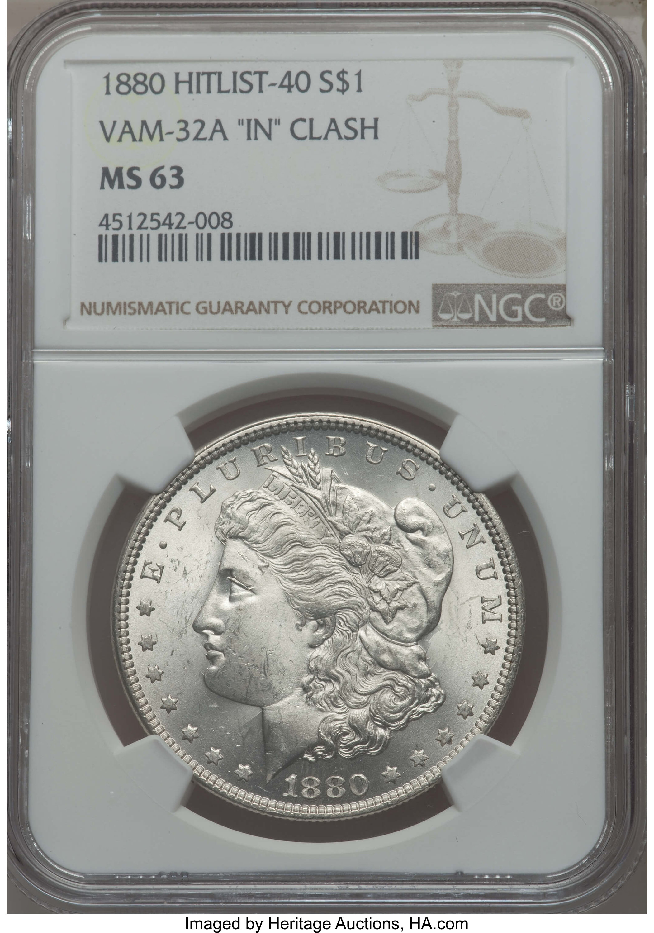 image for: 1880 $1 Clashed "IN," VAM-32A MS63 NGC.  Hitlist-40. NGC Census: (0/0). PCGS Population: (14/23).  ...
