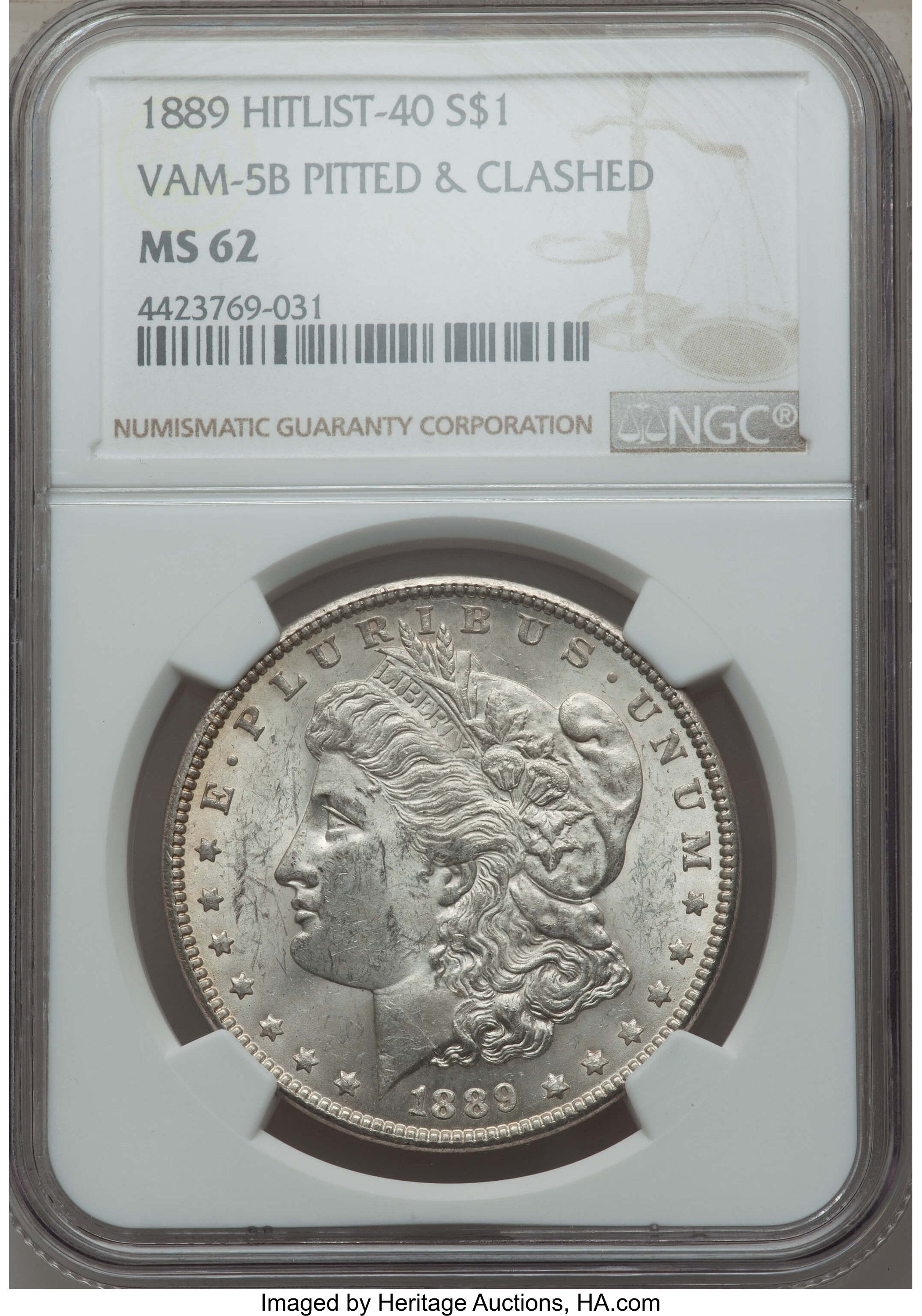 image for: 1889 $1 Pitted & Clashed, VAM-5B, MS62 NGC. Hitlist-40. NGC Census: (0/0). PCGS Population: (7/13)....