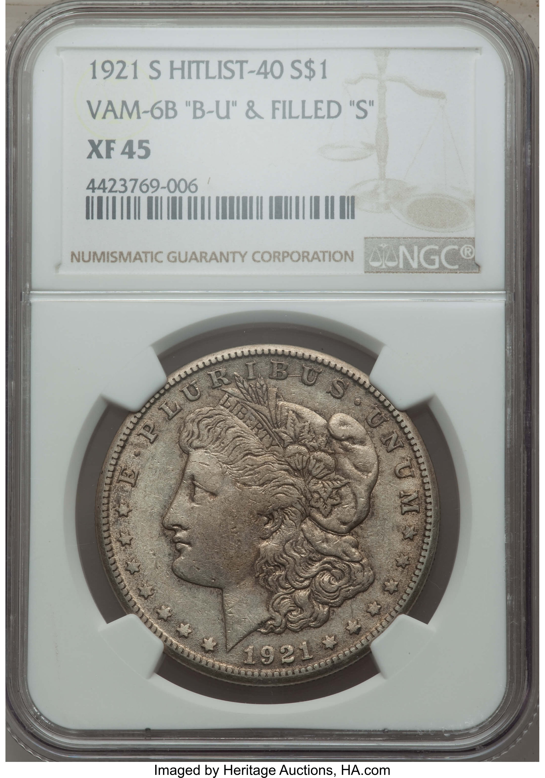 image for: 1921-S $1 BU Die Gouge, Filled S, VAM-6B, XF45 NGC.  Hitlist-40. NGC Census: (0/0). PCGS Population: (3/18)....
