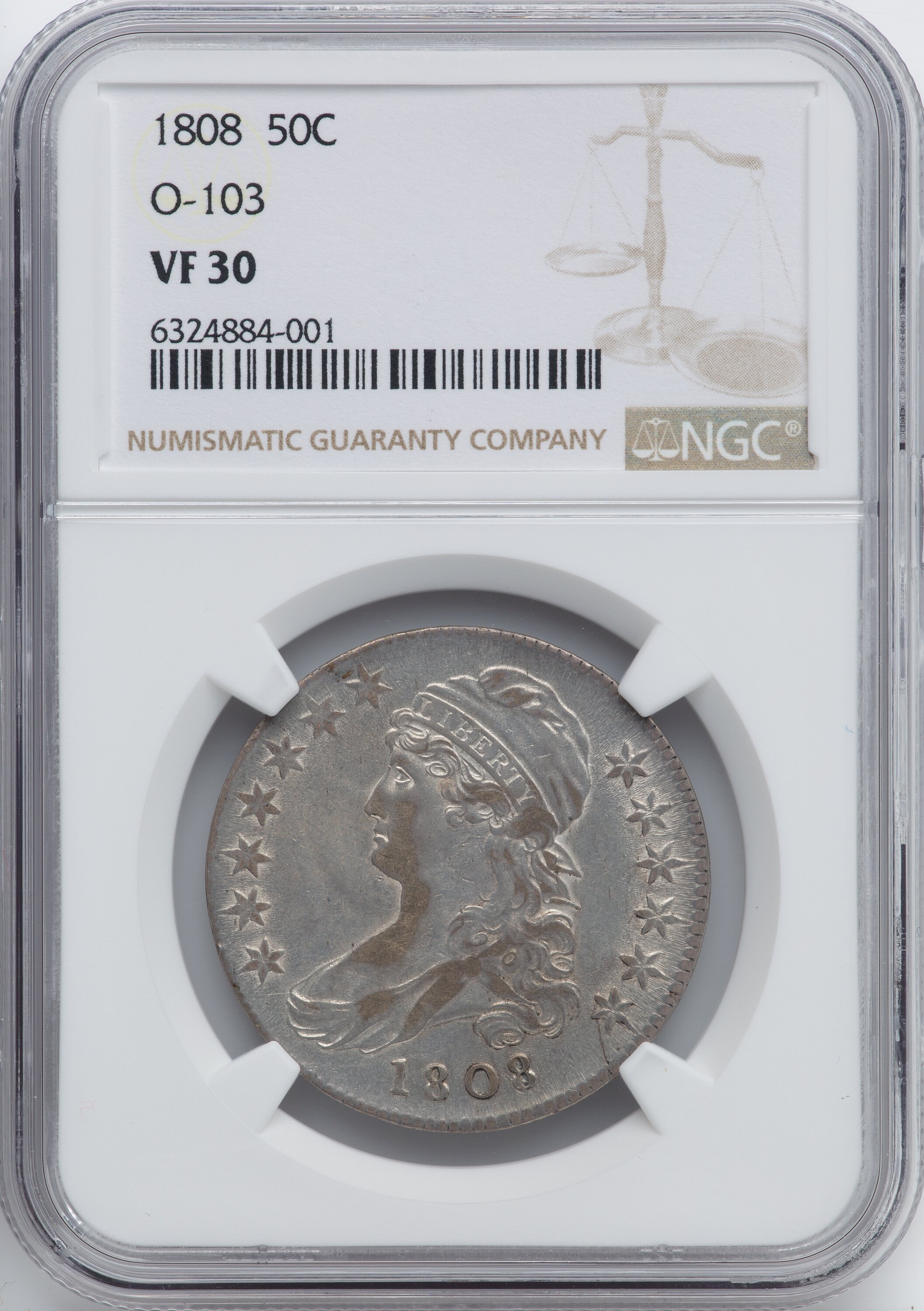 image for: 1808 50C O-103, R.2, VF30 NGC. NGC Census: (2/30). PCGS Population: (6/23). CDN: $280 Whsle. Bid for NGC/PCGS VF30. ...