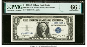 image for: Fr. 1608* $1 1935A Silver Certificate Star. PMG Gem Uncirculated 66 EPQ....