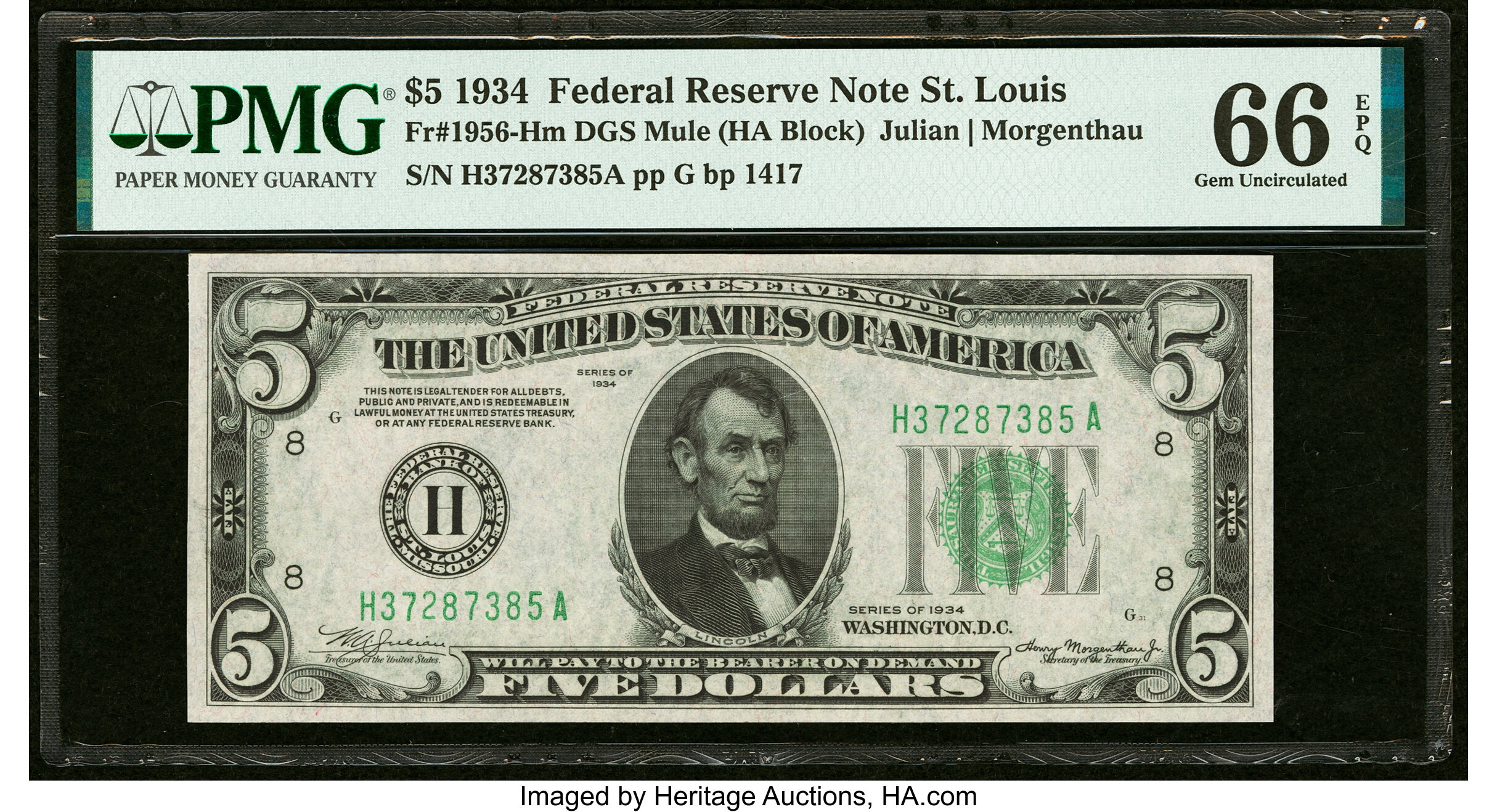 image for: Fr. 1956-H $5 1934 Mule Federal Reserve Note. PMG Gem Uncirculated 66 EPQ....