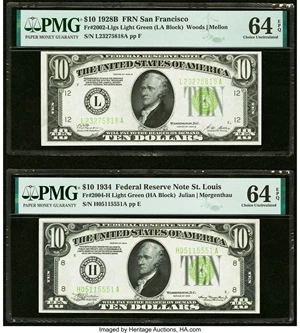 image for: Fr. 2002-L $10 1928B Federal Reserve Note. PMG Choice Uncirculated 64 EPQ;Fr. 2004-H $10 1934 Federal Reserve Note. PMG ...