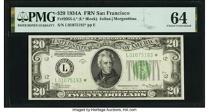 image for: Fr. 2055-L* $20 1934A Federal Reserve Star Note. PMG Choice Uncirculated 64....
