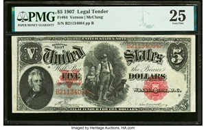 image for: Fr. 84 $5 1907 Legal Tender PMG Very Fine 25....