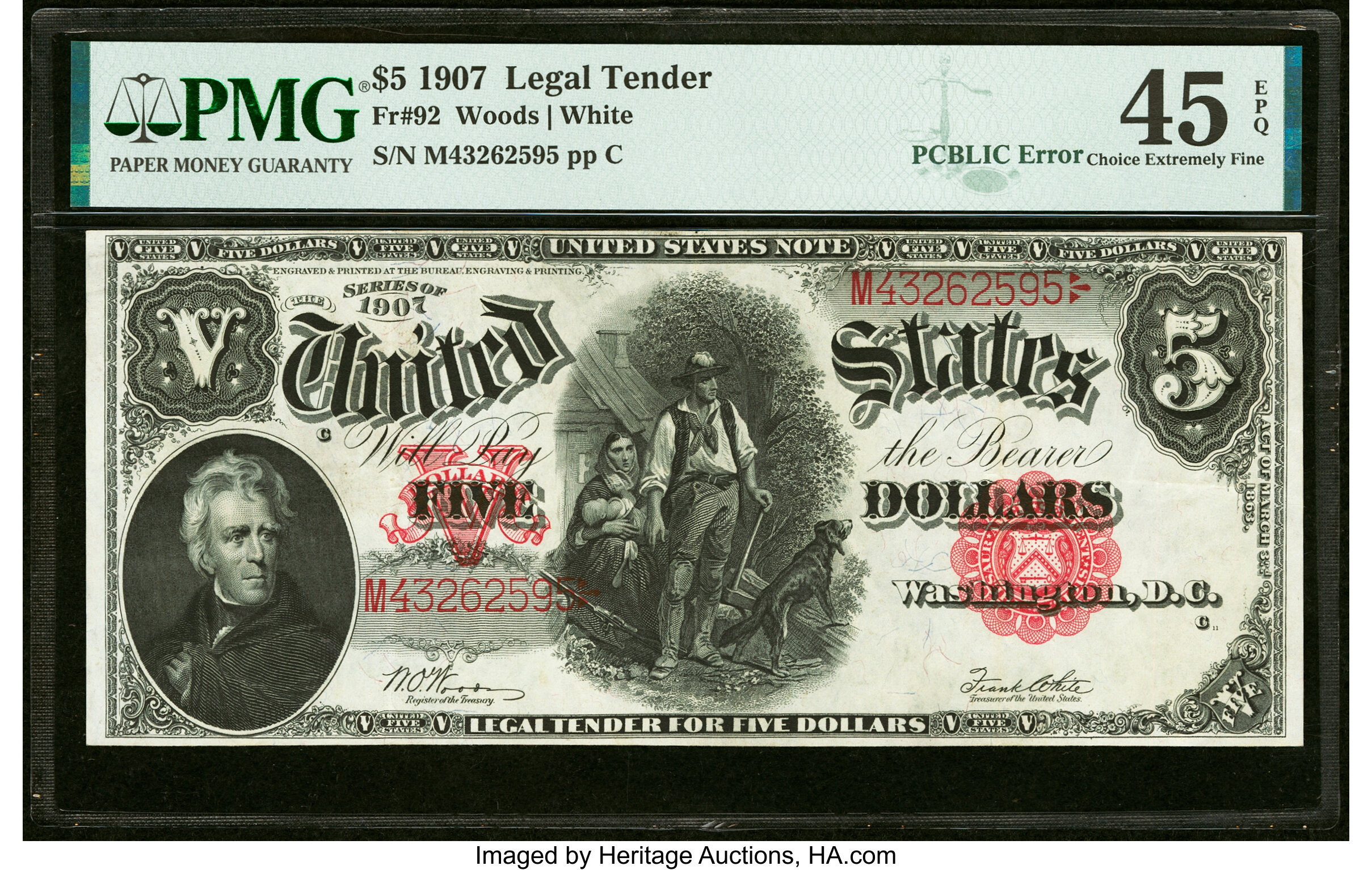 image for: Fr. 92 $5 1907 "PCBLIC" Error Legal Tender PMG Choice Extremely Fine 45 EPQ....