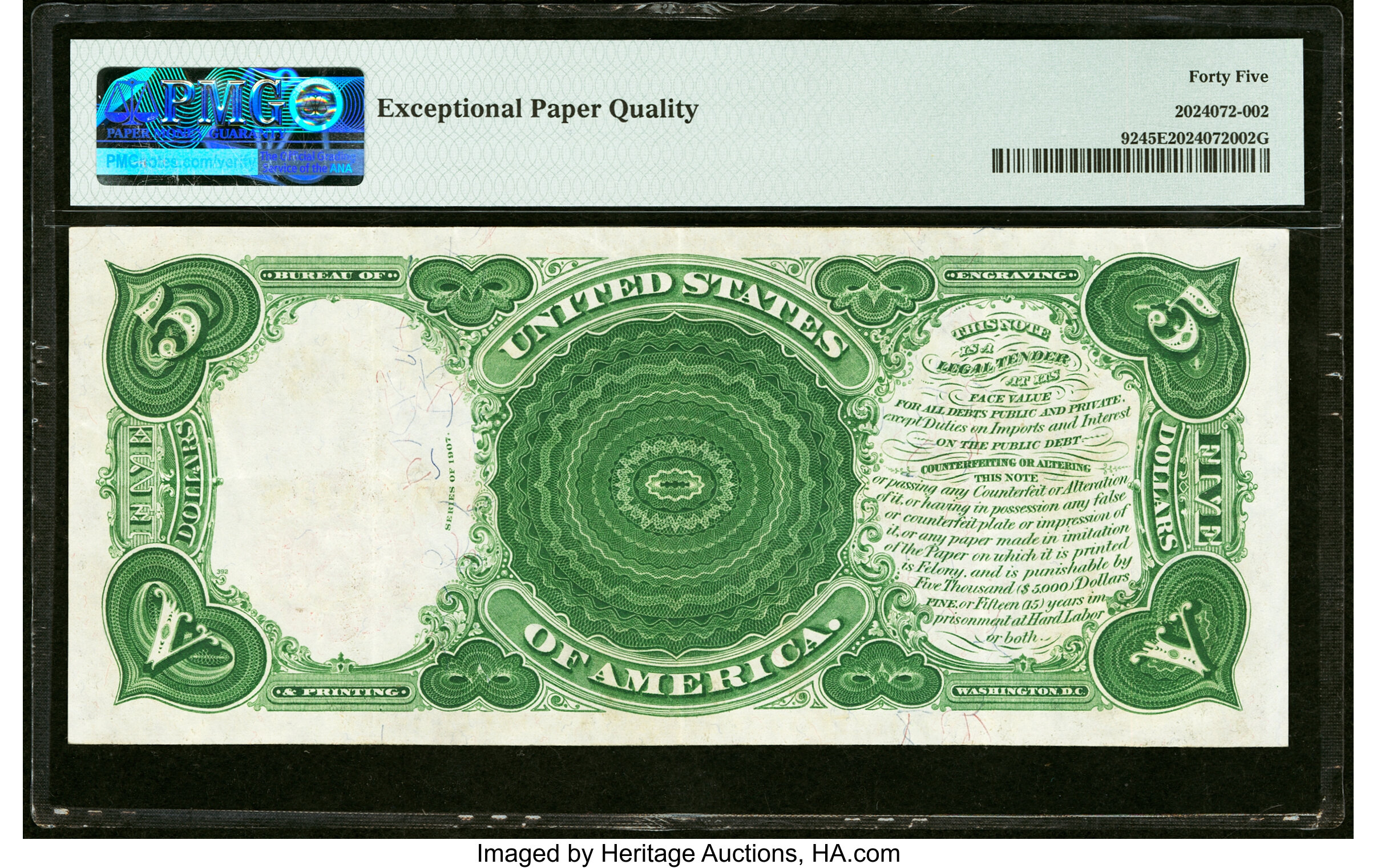 image for: Fr. 92 $5 1907 "PCBLIC" Error Legal Tender PMG Choice Extremely Fine 45 EPQ....