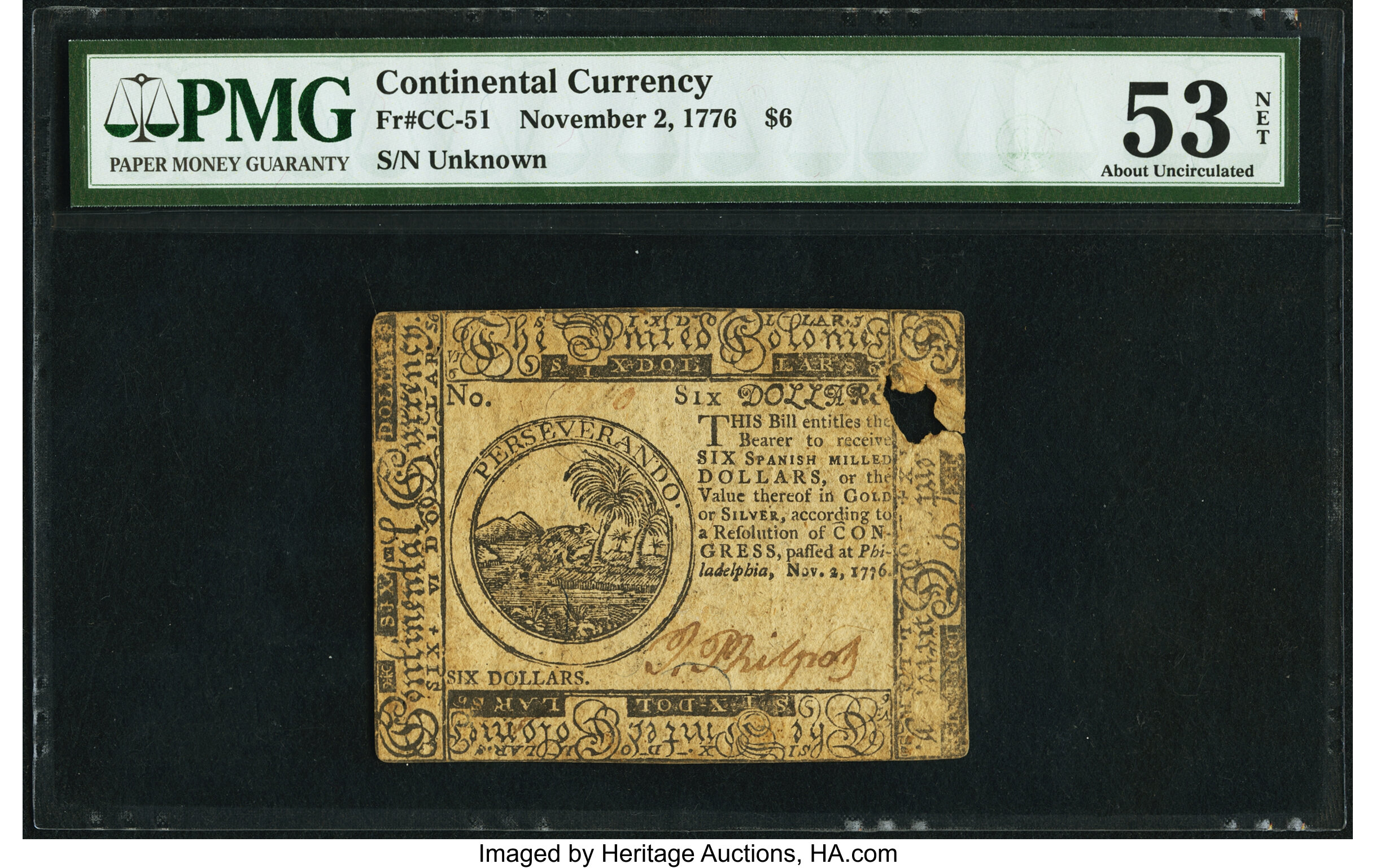image for: Continental Currency November 2, 1776 $6 PMG About Uncirculated 53 Net....