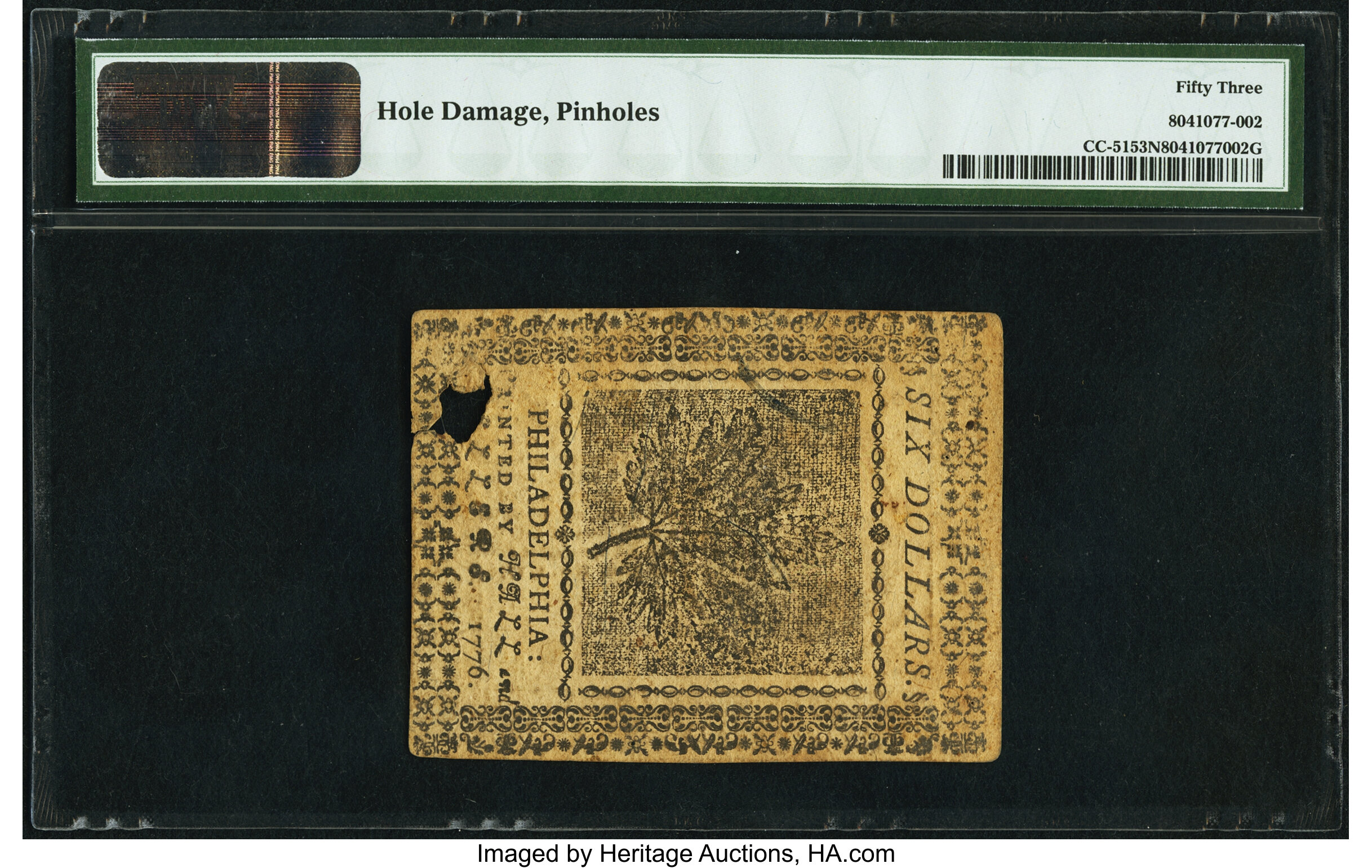 image for: Continental Currency November 2, 1776 $6 PMG About Uncirculated 53 Net....