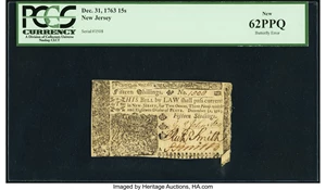 image for: Butterfly Fold Error New Jersey December 31, 1763 15s PCGS New 62PPQ....